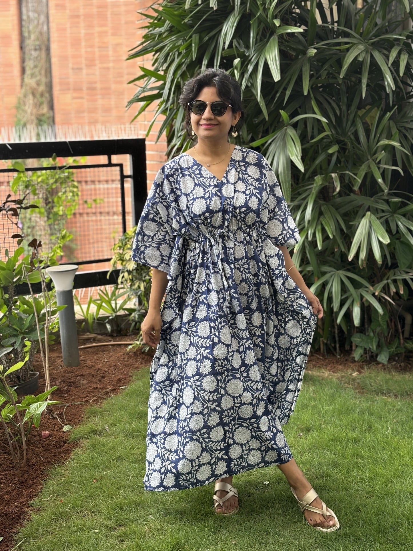 Blue Floral Handblock Printed Kaftan