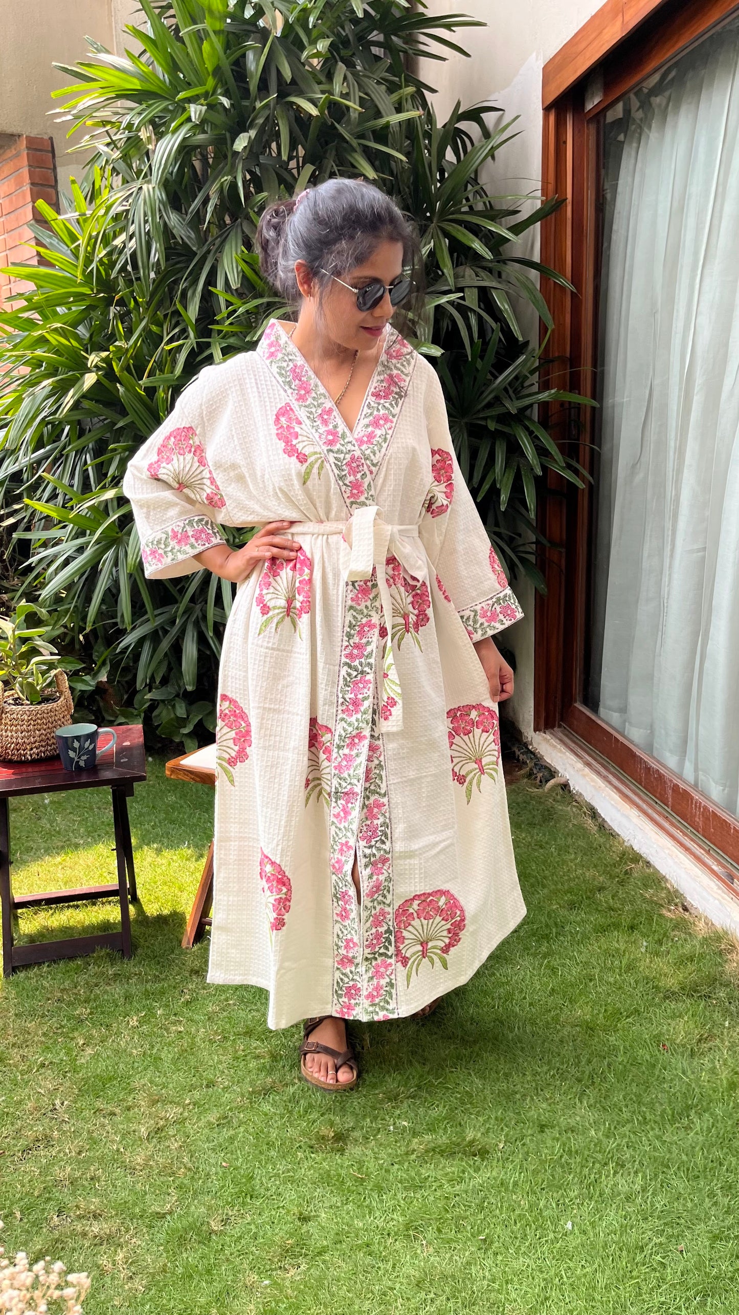 Pink floral Handblock Waffle Cotton Bathrobe