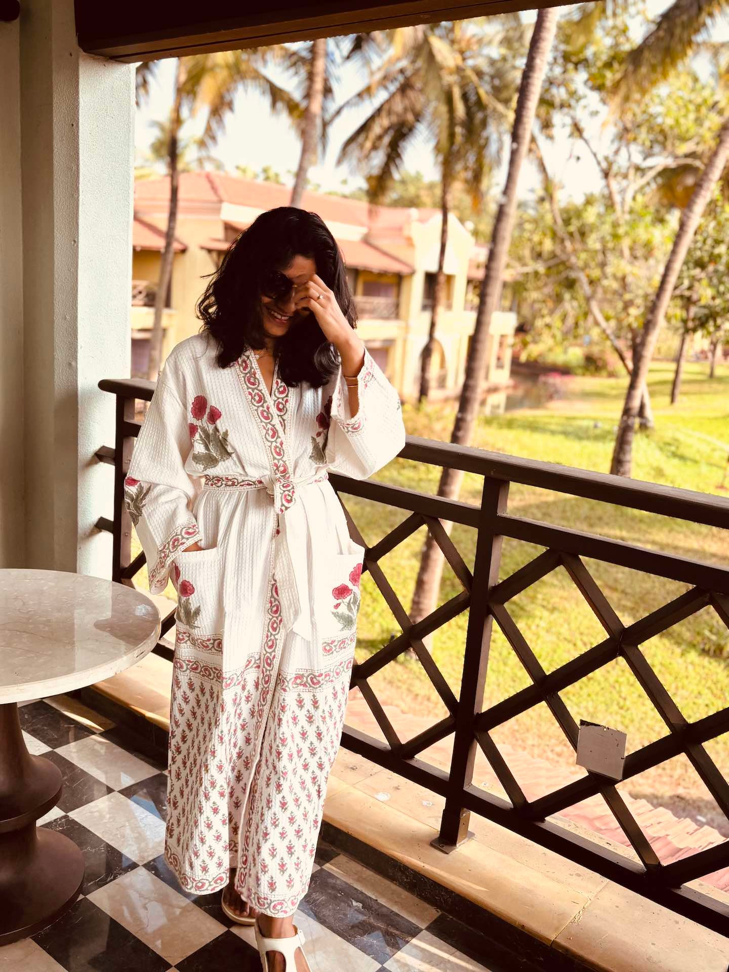 Red Poppy Hand Block Printed Waffle Cotton Bathrobe
