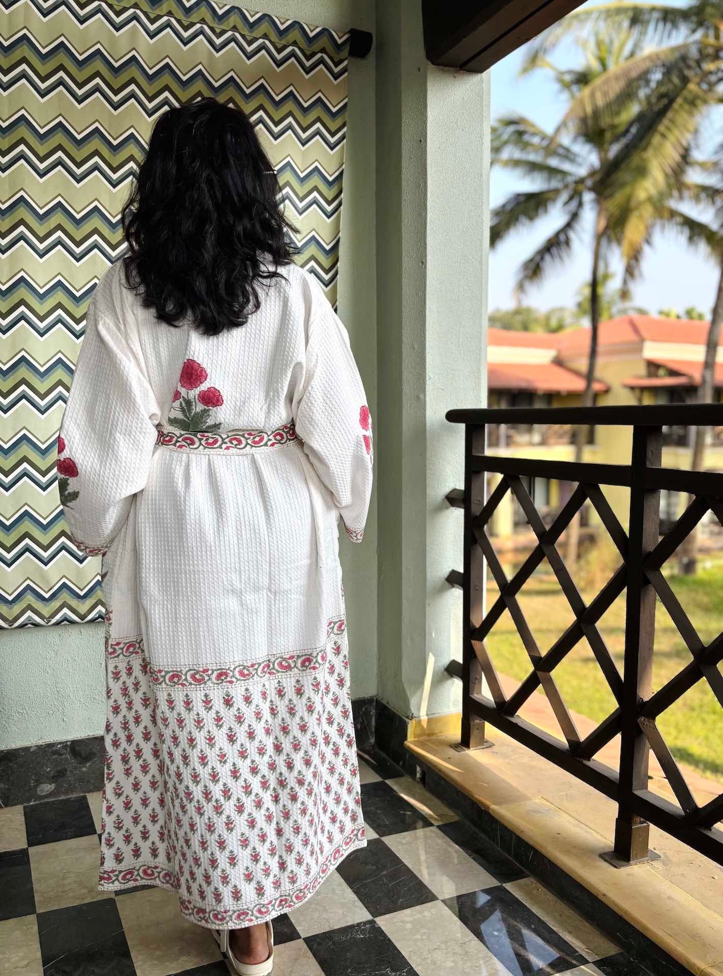Red Poppy Hand Block Printed Waffle Cotton Bathrobe