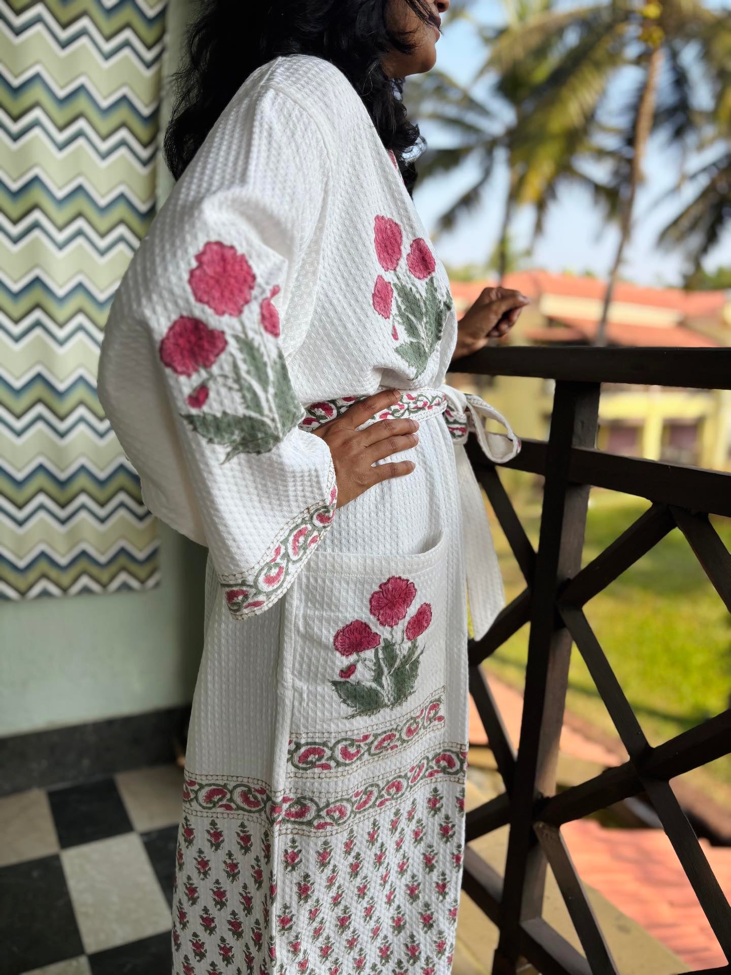 Red Poppy Hand Block Printed Waffle Cotton Bathrobe