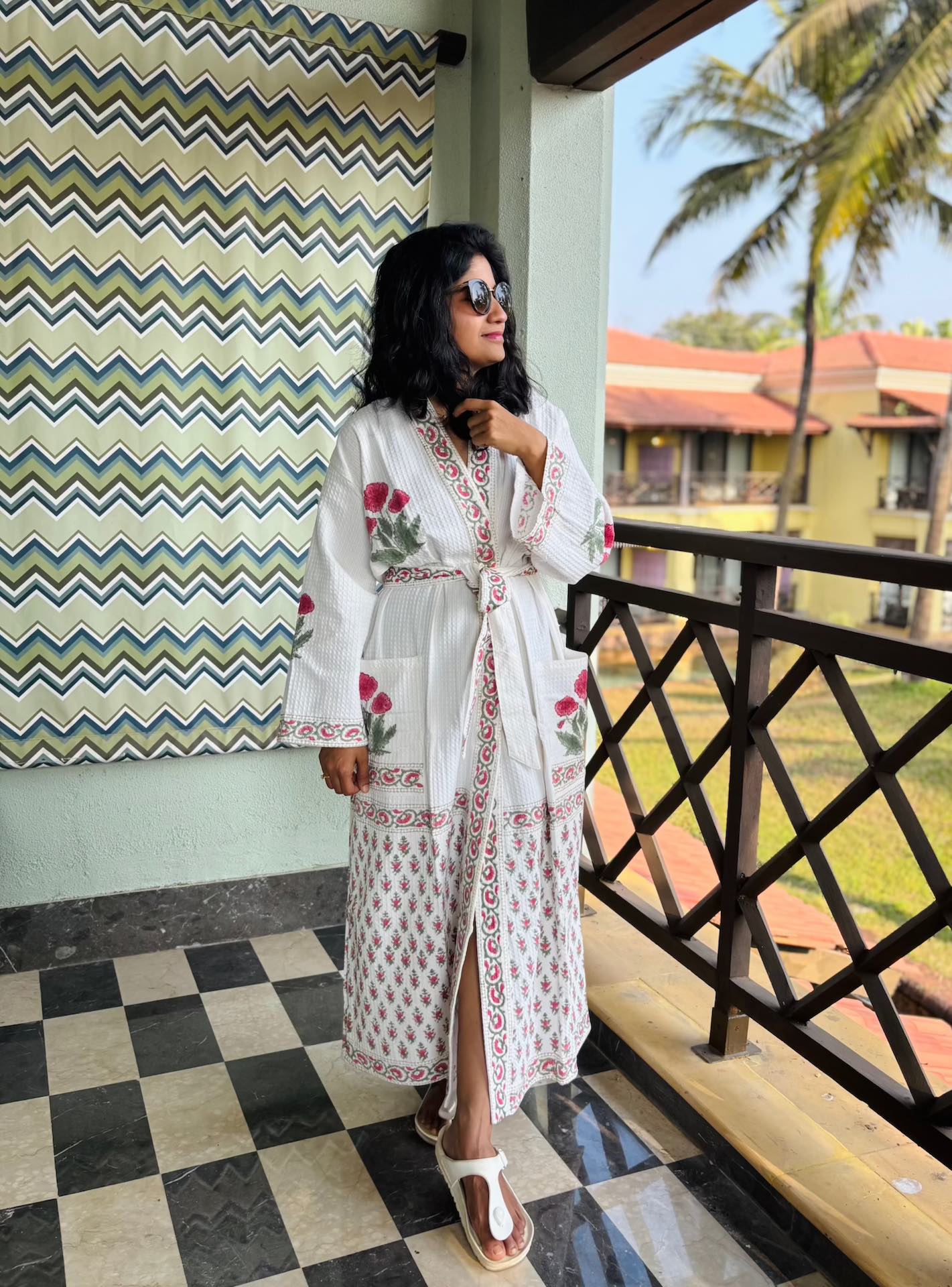 Red Poppy Hand Block Printed Waffle Cotton Bathrobe