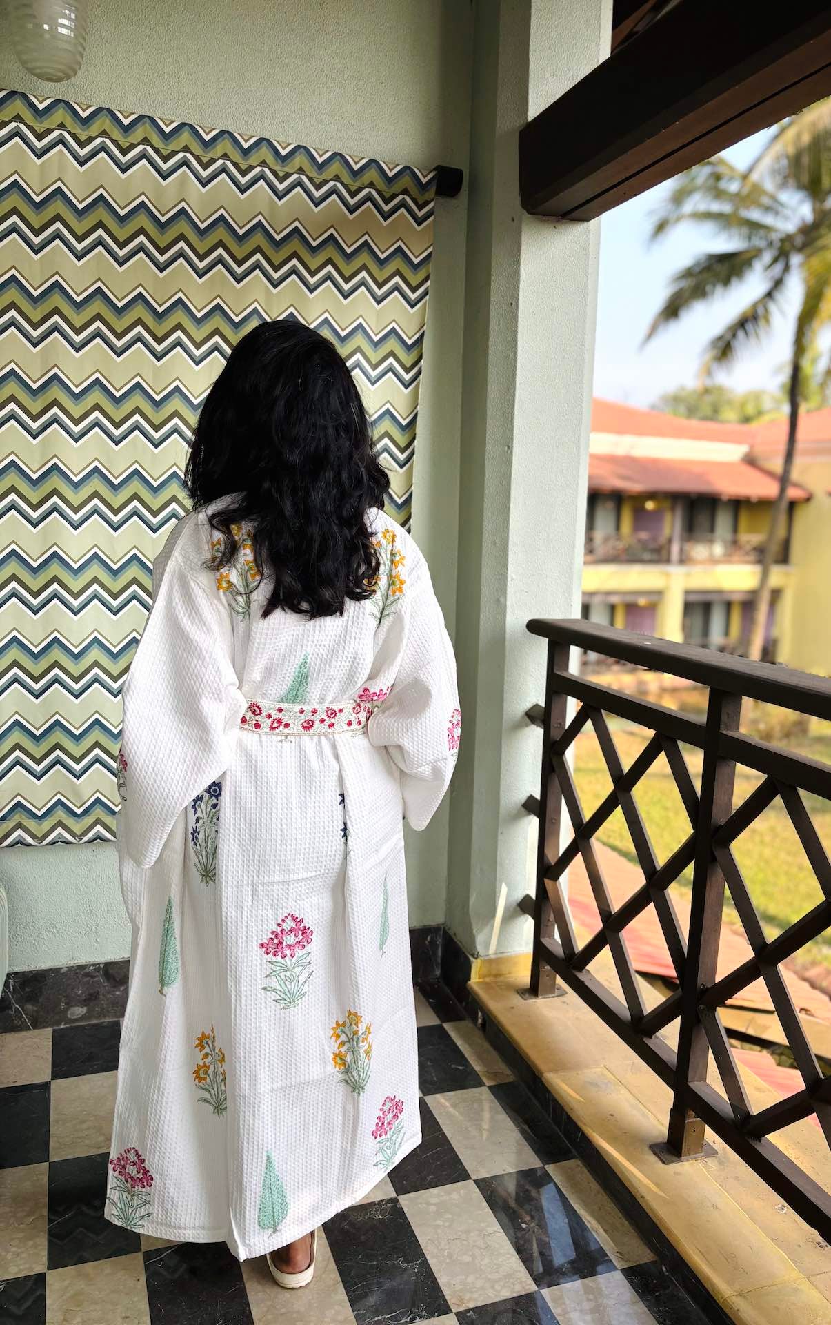 Blossom Blooms Hand Block Printed Waffle Cotton Bathrobe
