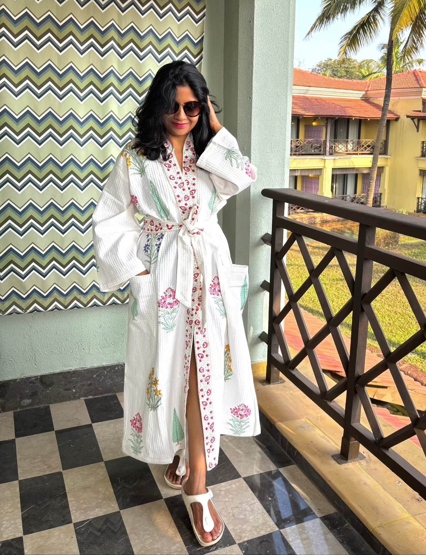 Blossom Blooms Hand Block Printed Waffle Cotton Bathrobe