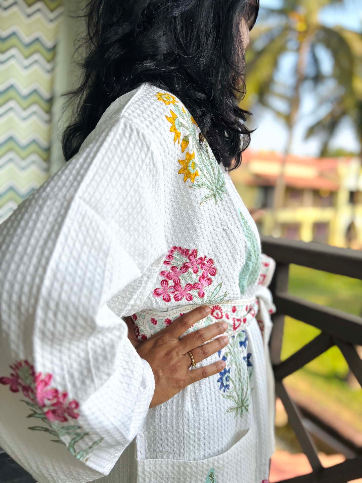 Blossom Blooms Hand Block Printed Waffle Cotton Bathrobe