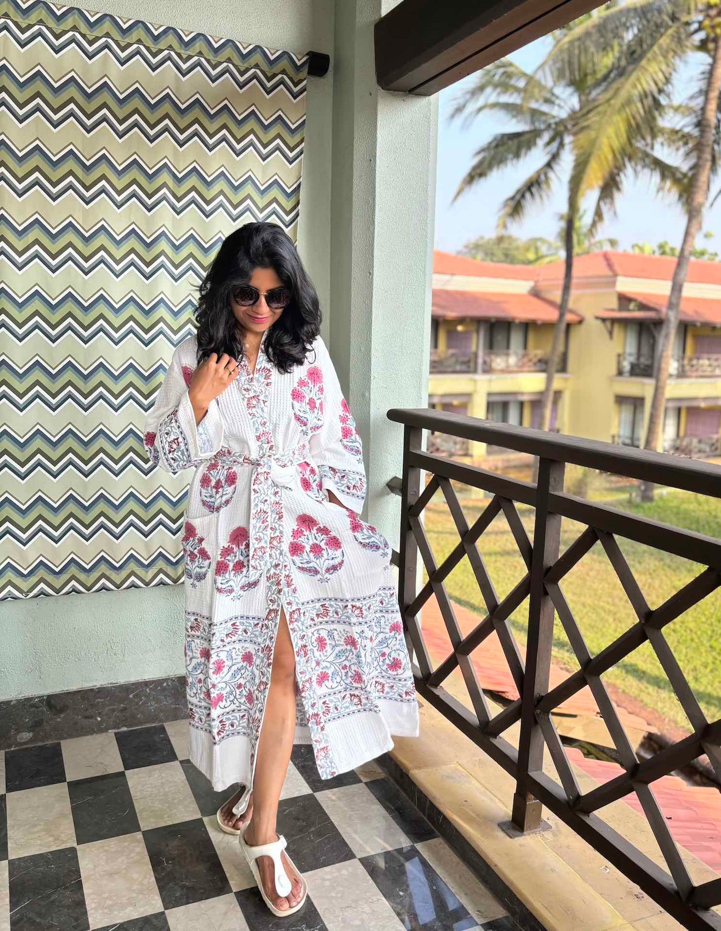 Red Cardinal Hand Block Printed Waffle Cotton Bathrobe