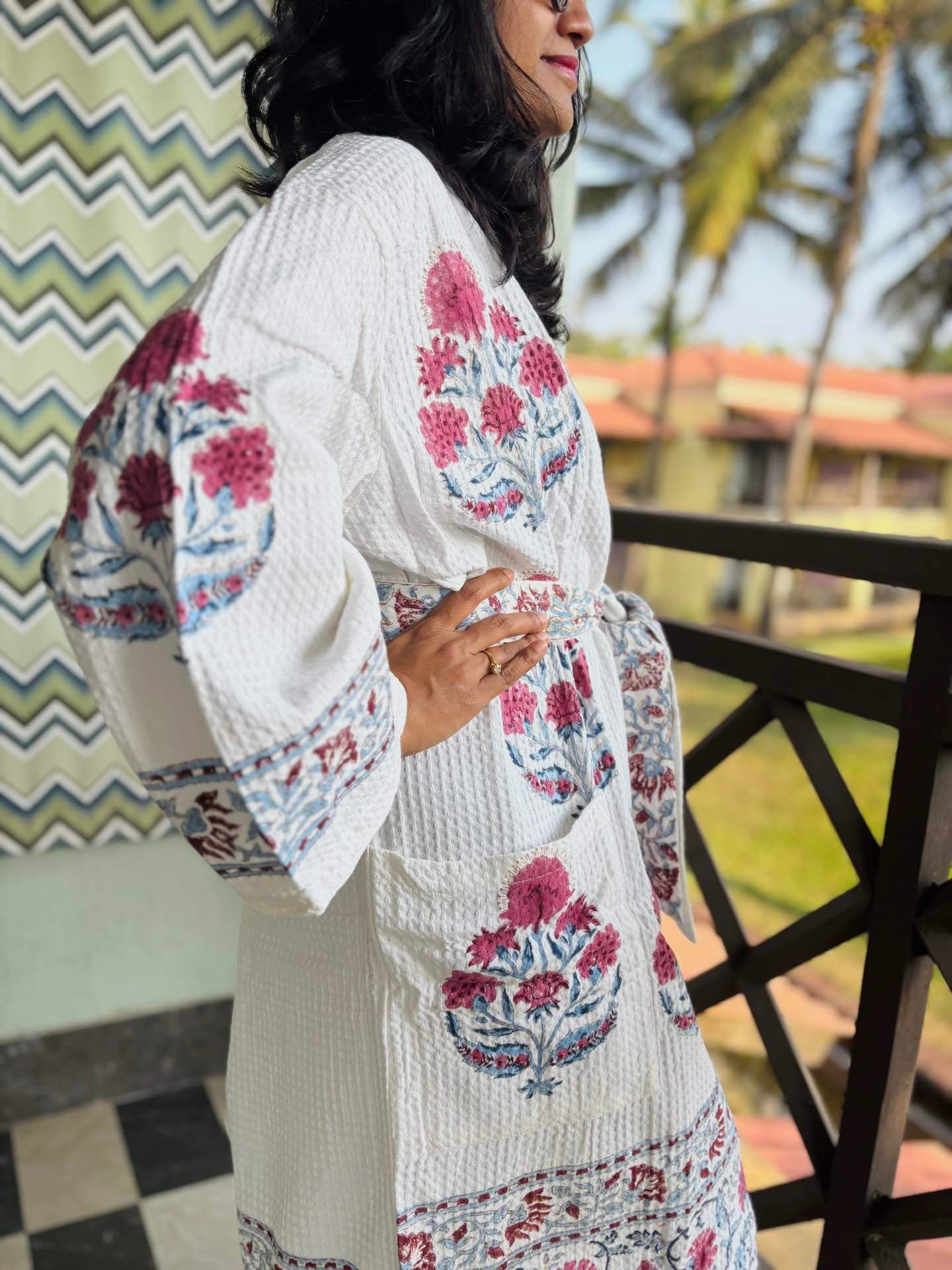 Red Cardinal Hand Block Printed Waffle Cotton Bathrobe