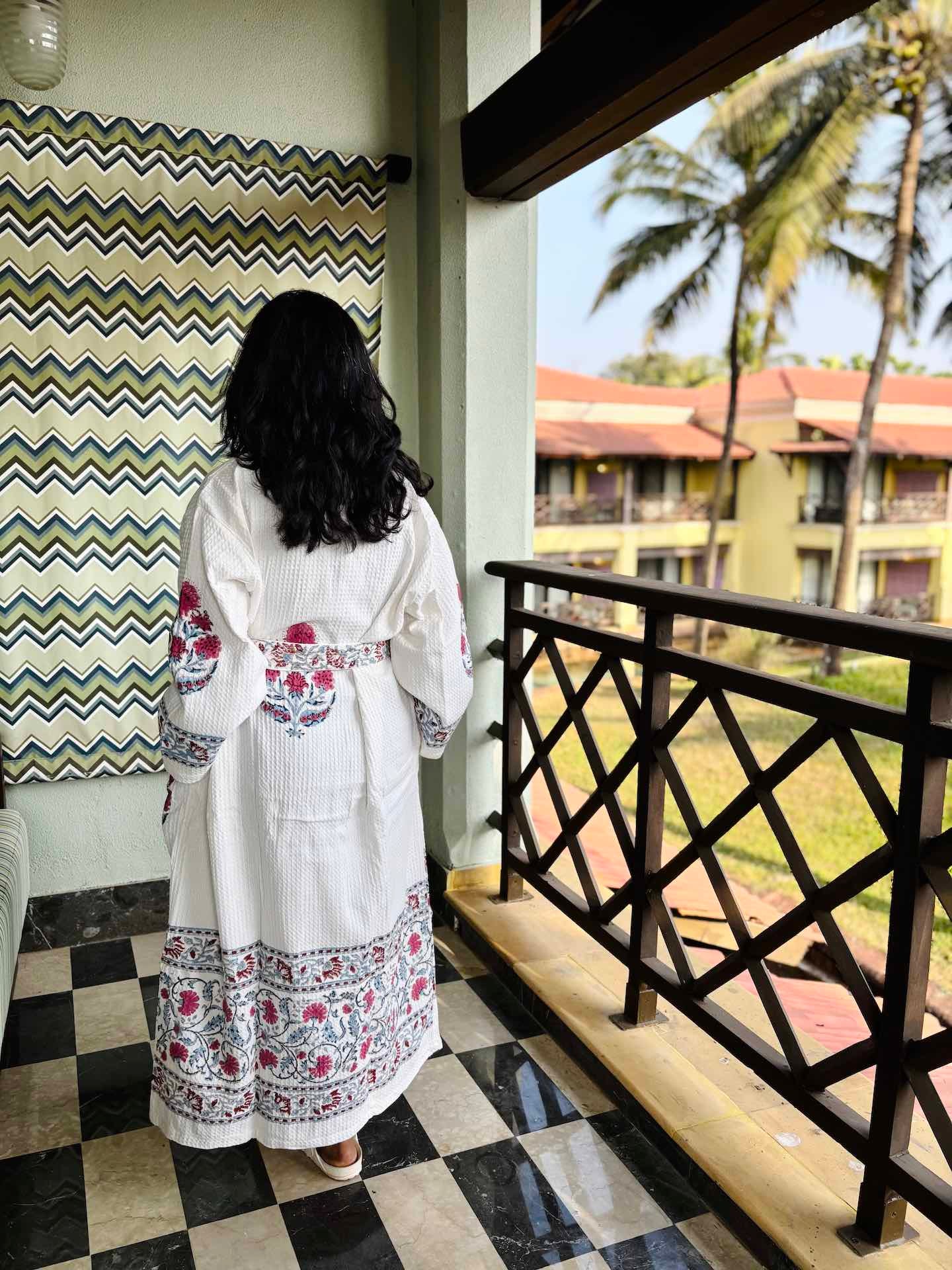 Red Cardinal Hand Block Printed Waffle Cotton Bathrobe