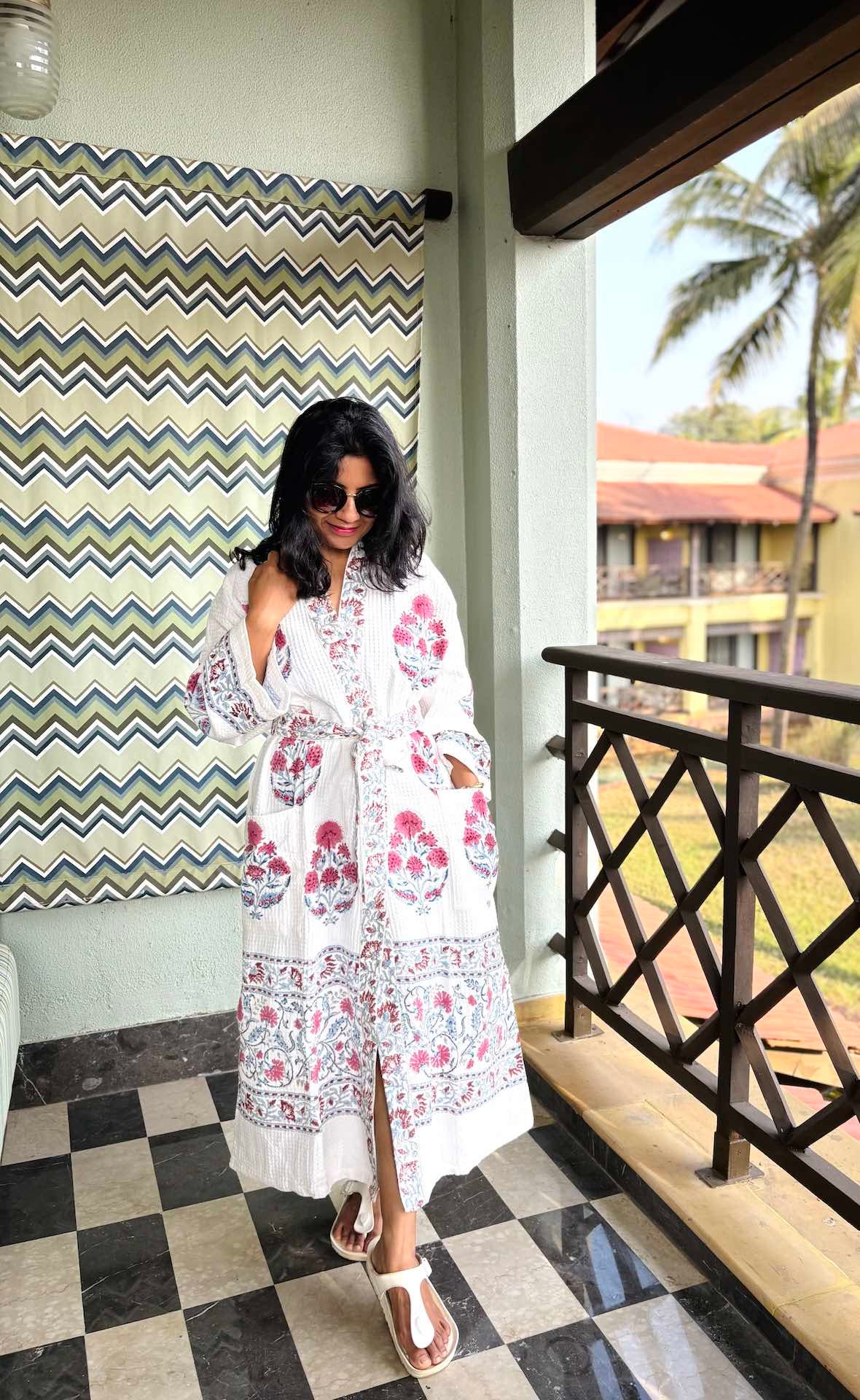 Red Cardinal Hand Block Printed Waffle Cotton Bathrobe