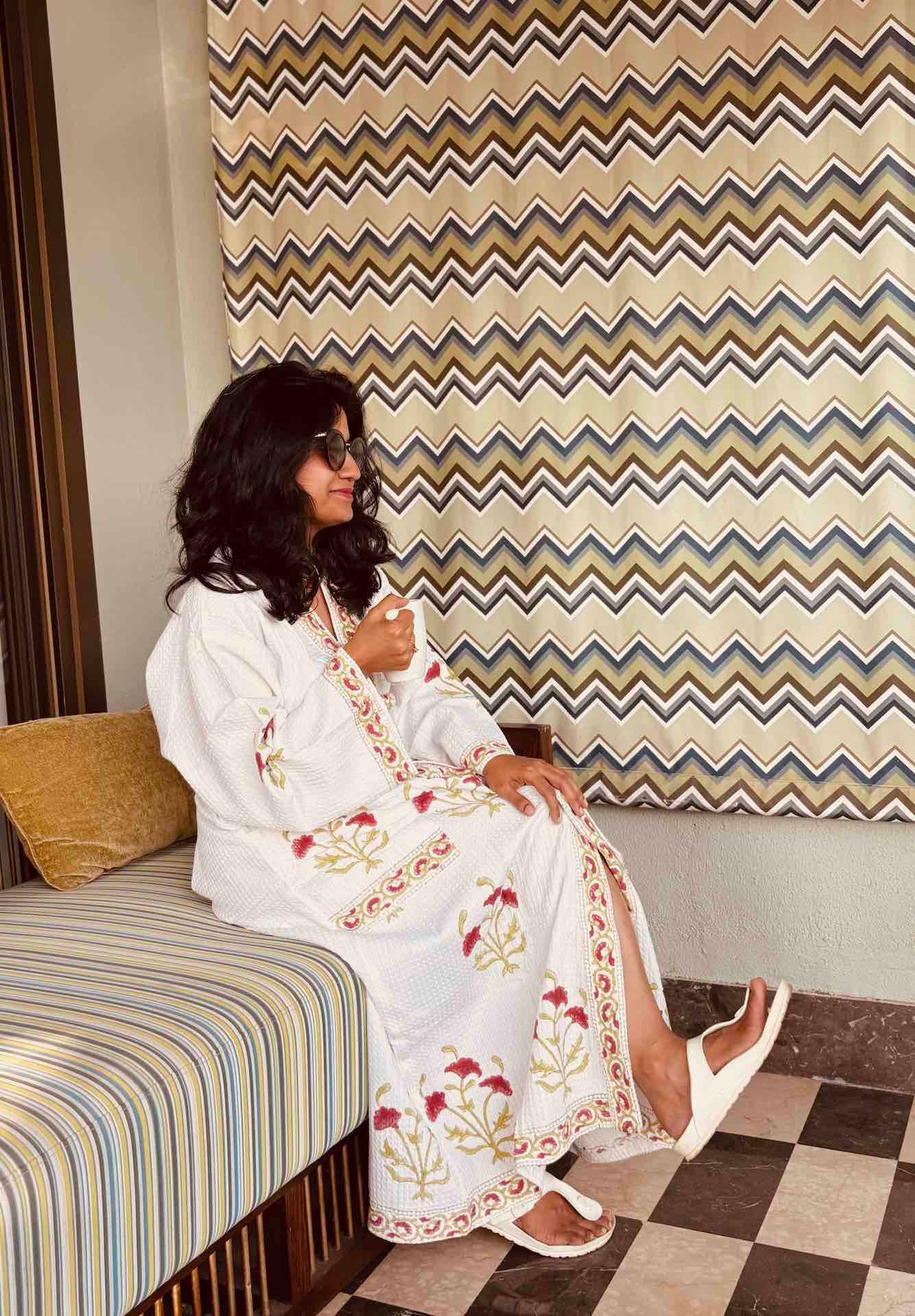 Crimson Red Lily Hand Block Printed Waffle Cotton Bathrobe