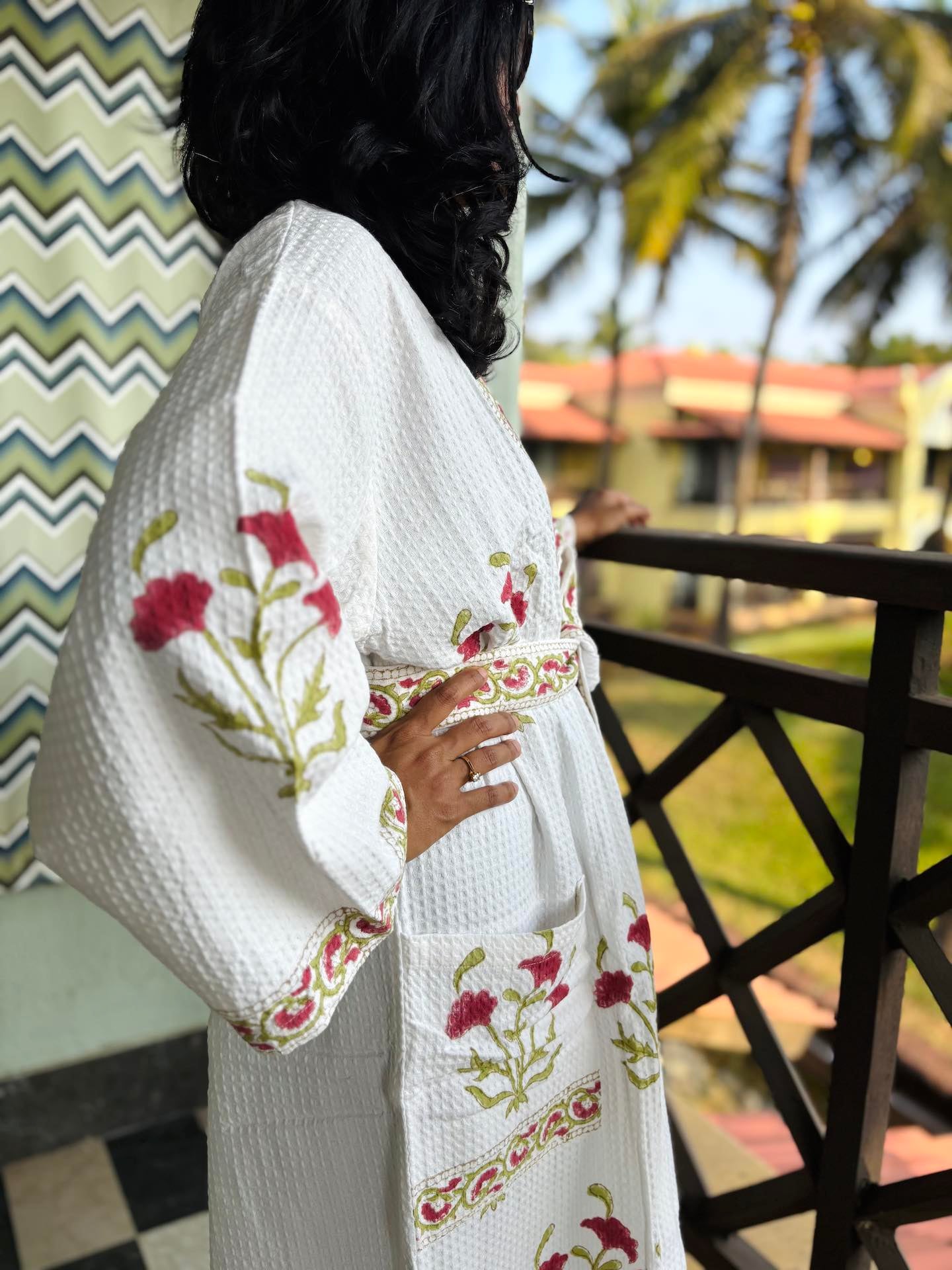 Crimson Red Lily Hand Block Printed Waffle Cotton Bathrobe