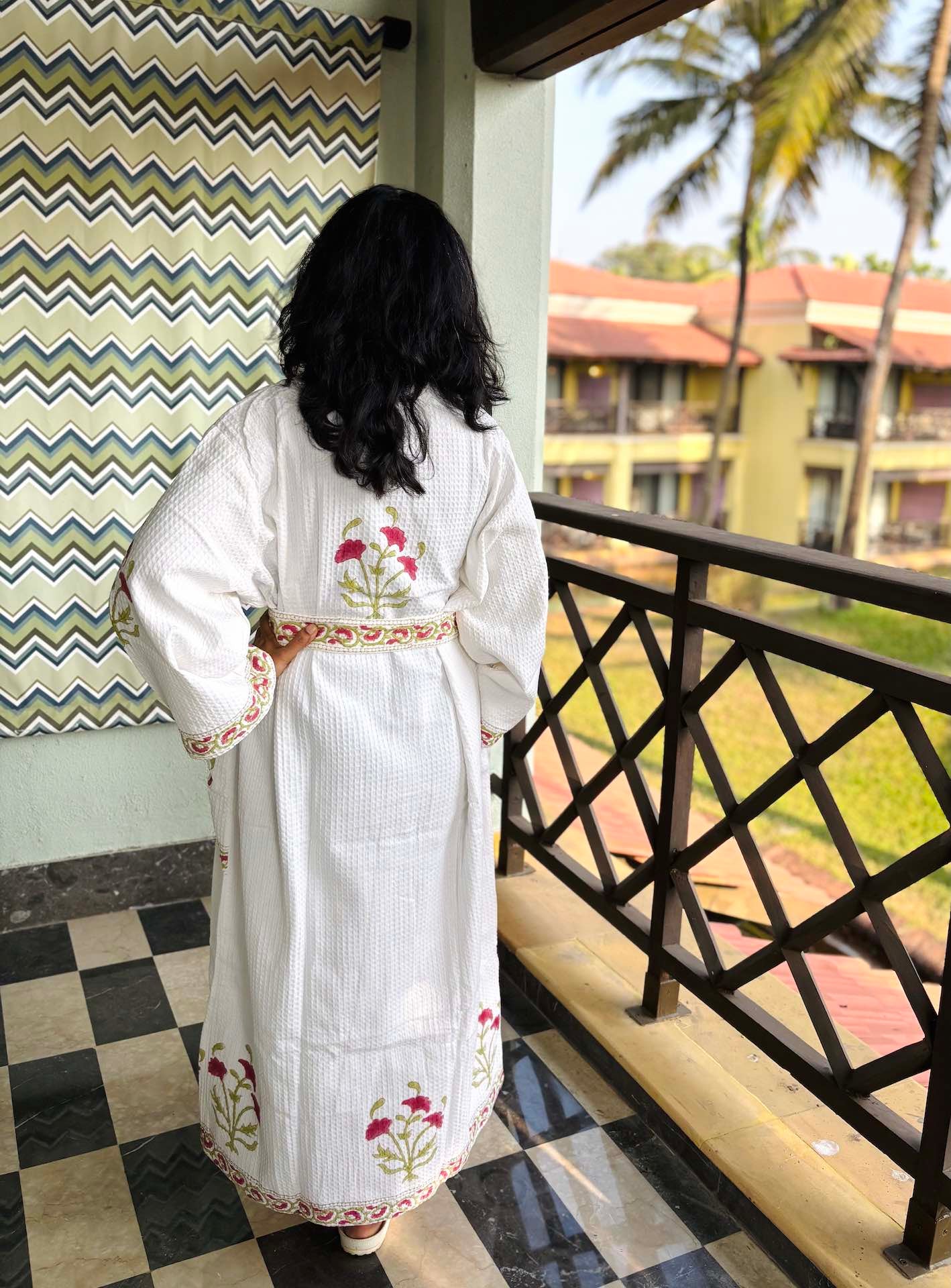 Crimson Red Lily Hand Block Printed Waffle Cotton Bathrobe