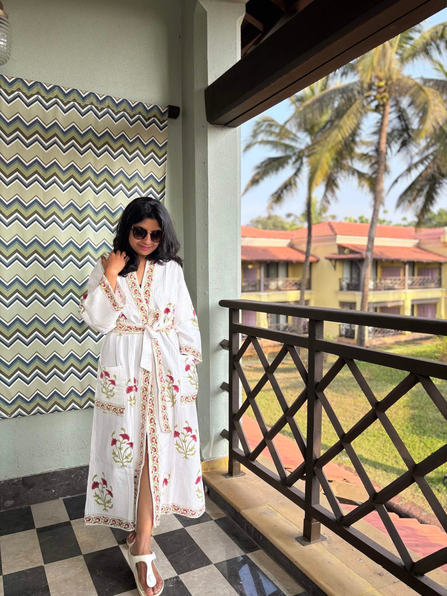 Crimson Red Lily Hand Block Printed Waffle Cotton Bathrobe