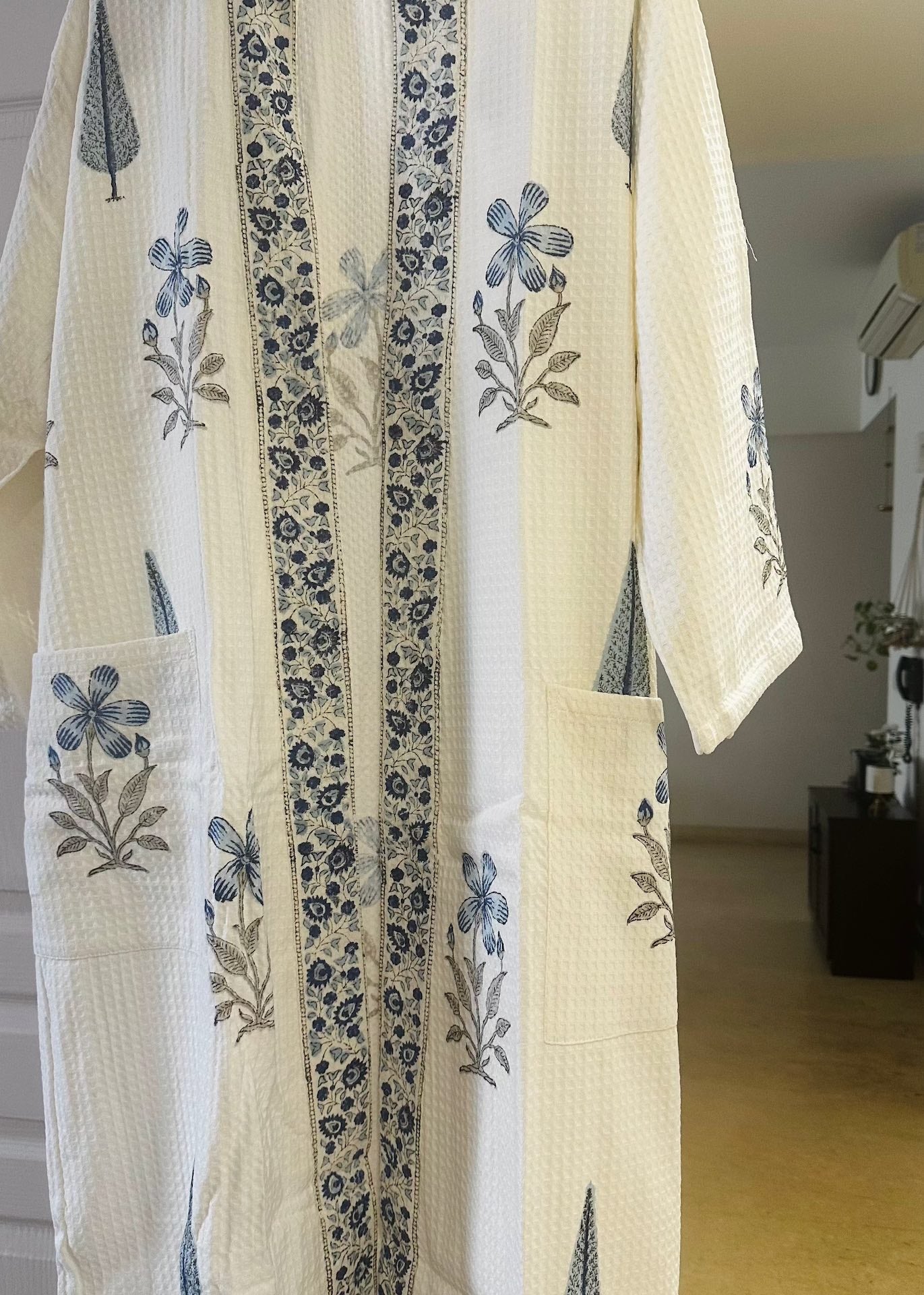 Morning Dew Floral Hand Block Printed Waffle Cotton Bathrobe