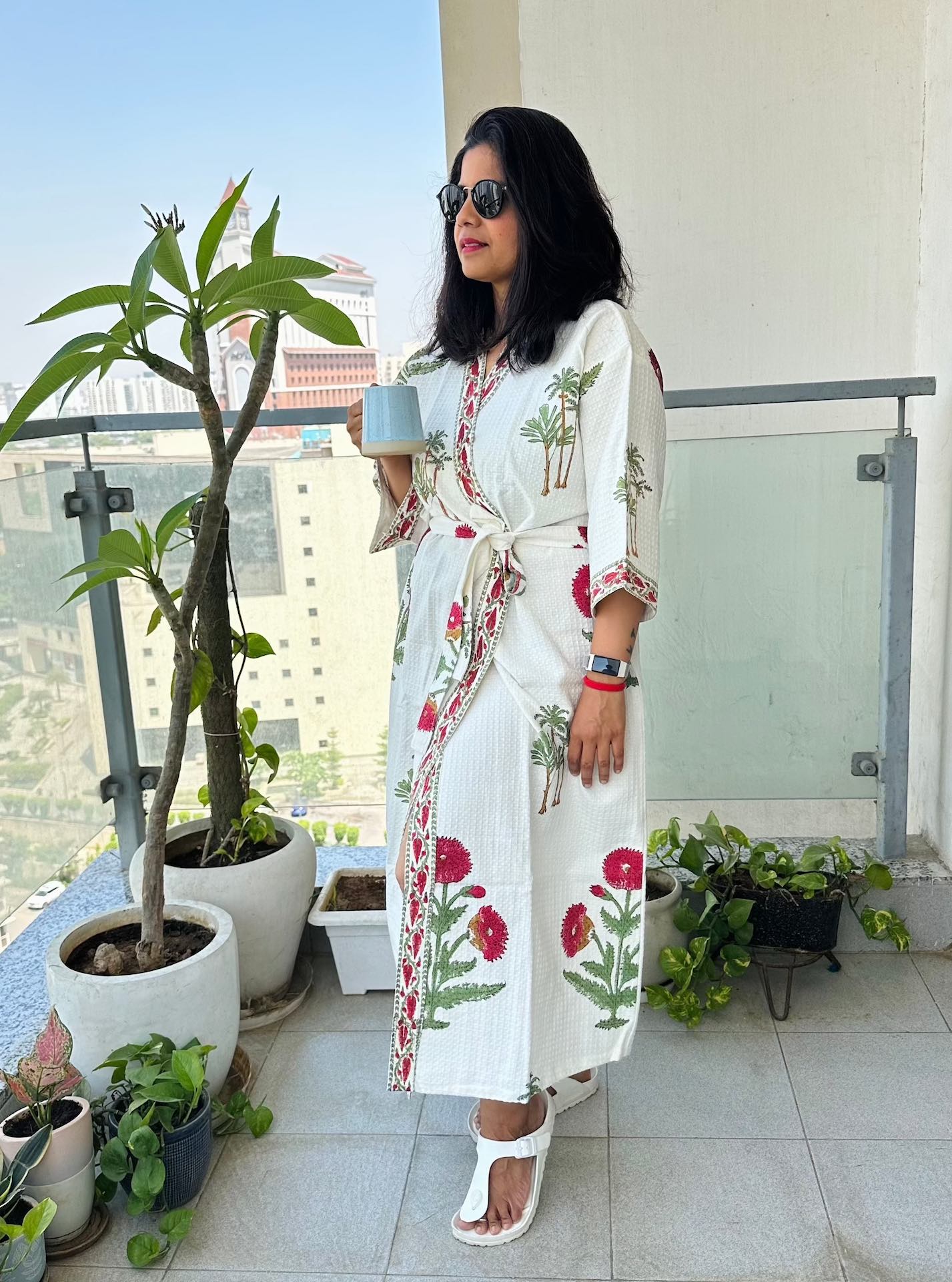 Red Poppy Delight Hand Block Printed Waffle Cotton Bathrobe