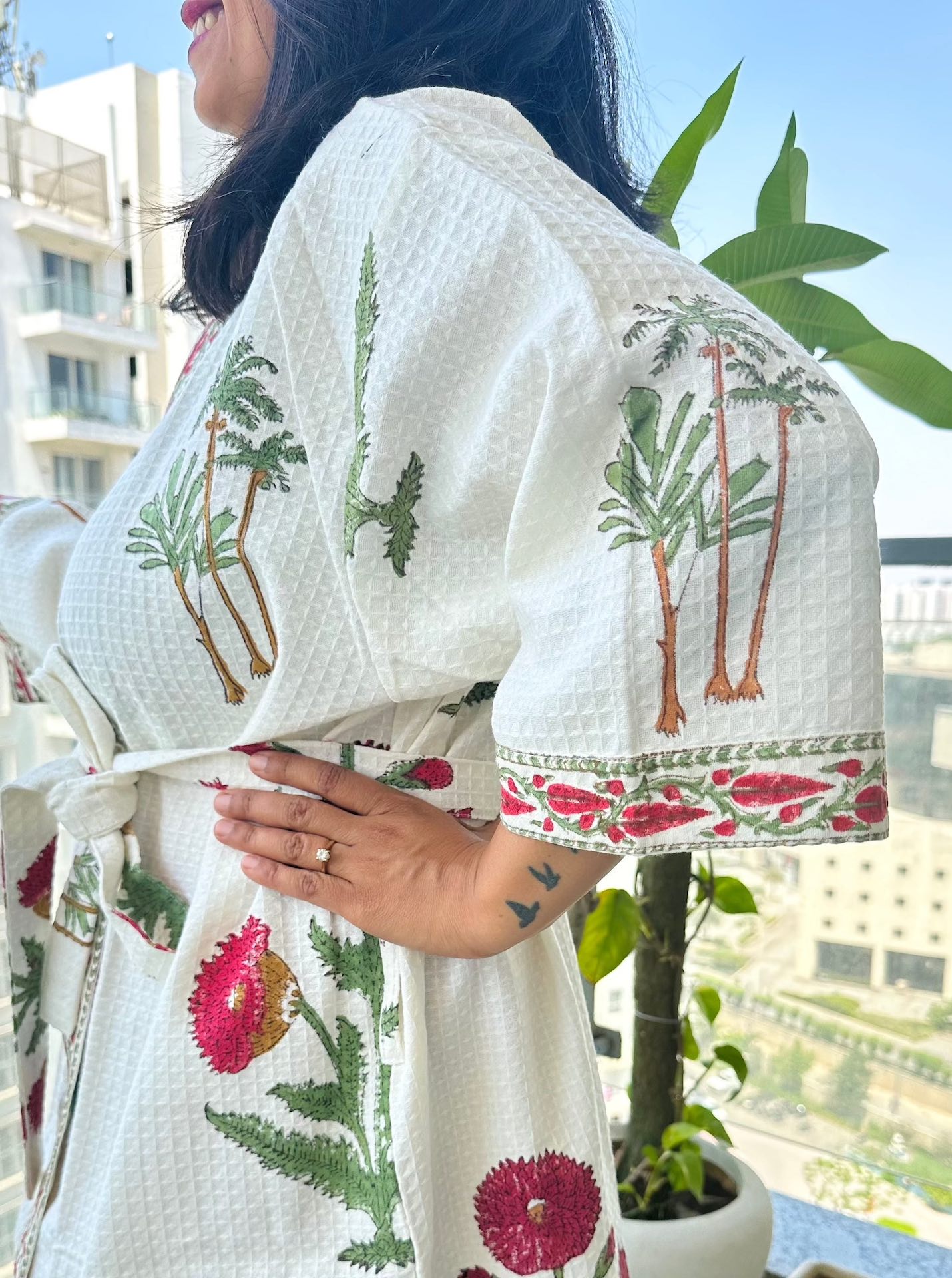Red Poppy Delight Hand Block Printed Waffle Cotton Bathrobe