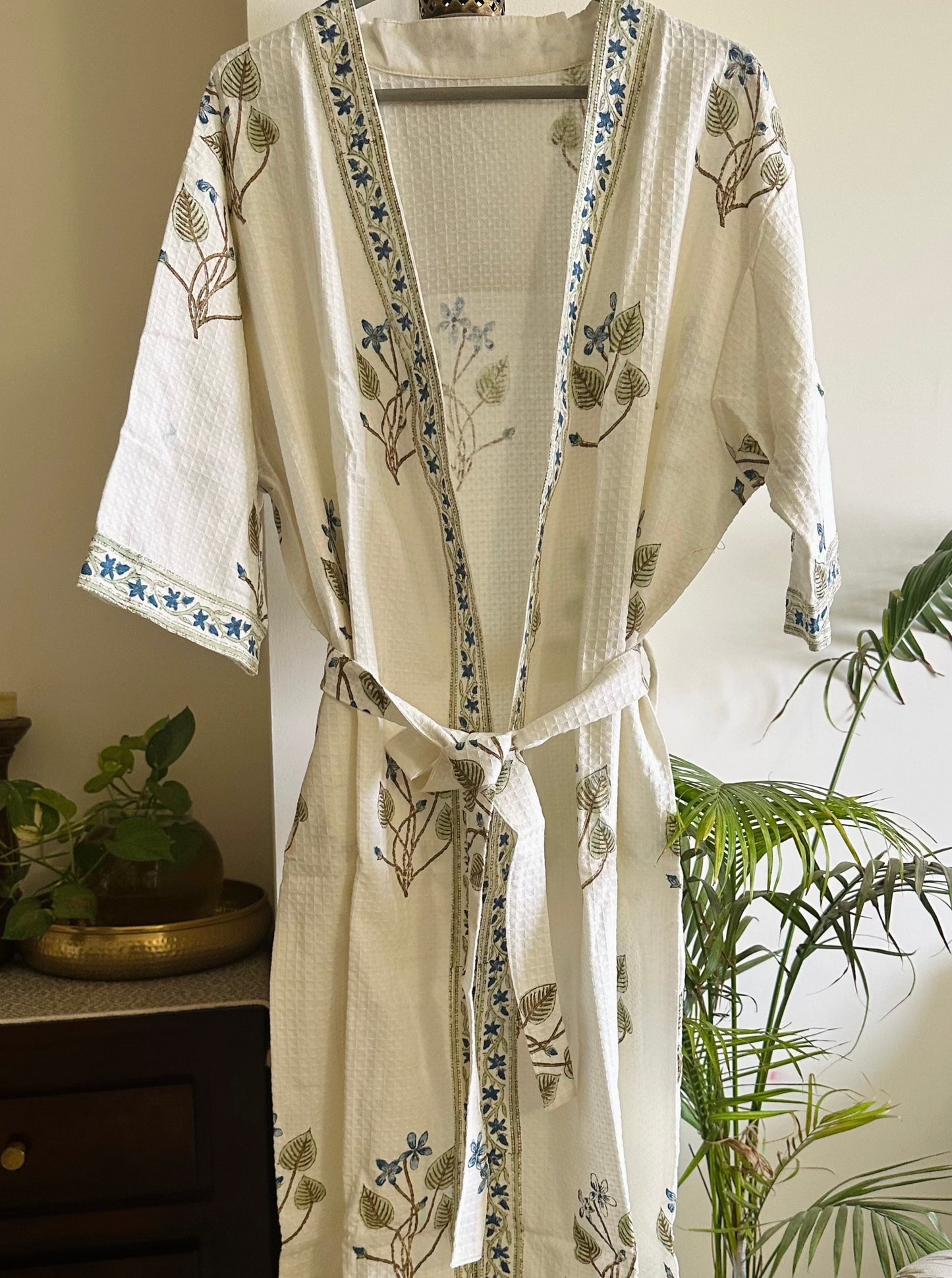 Indigo Bloom Waffle Cotton Bathrobe