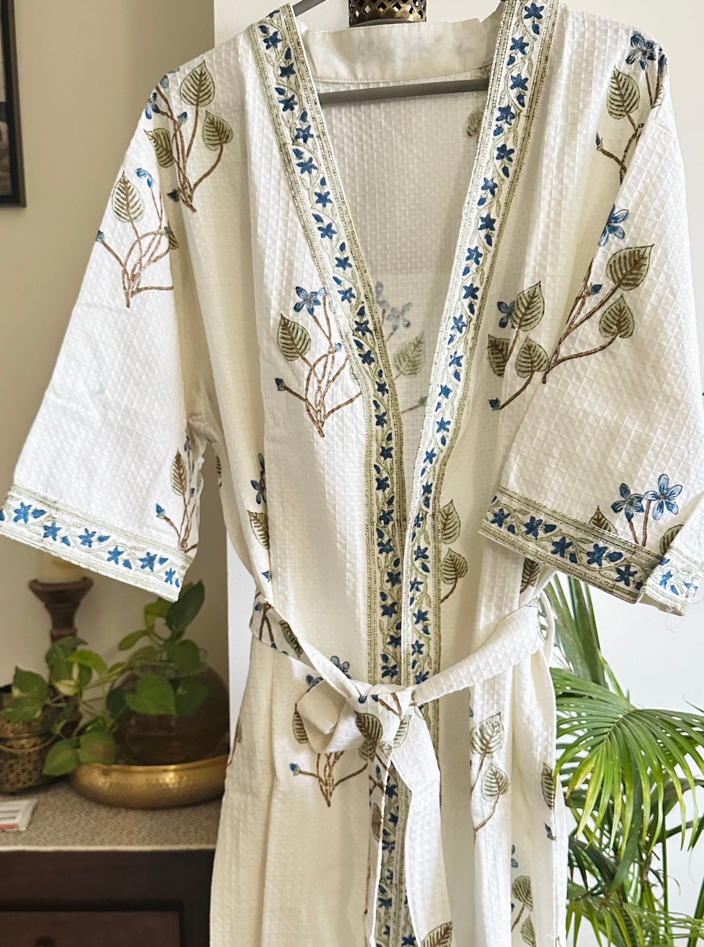 Indigo Bloom Waffle Cotton Bathrobe