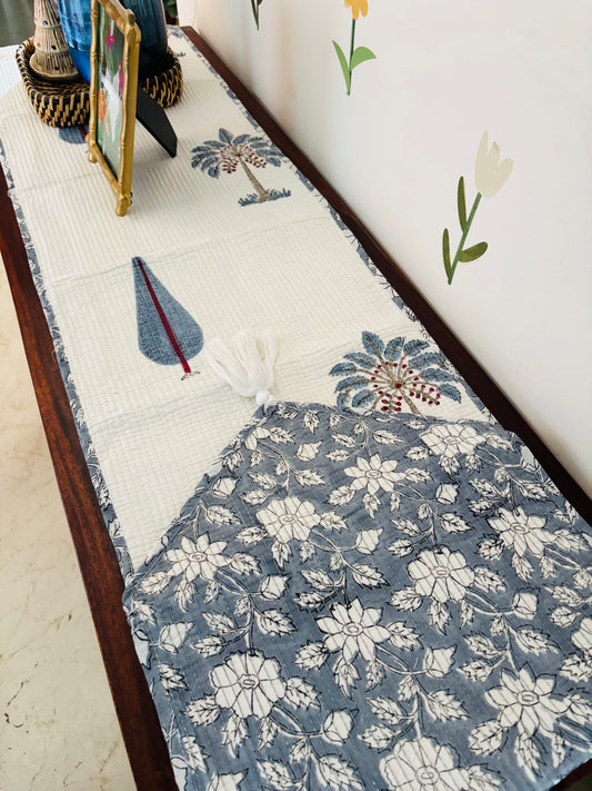 Blue palm cypress leaf Quilted & Reversible Table Runner