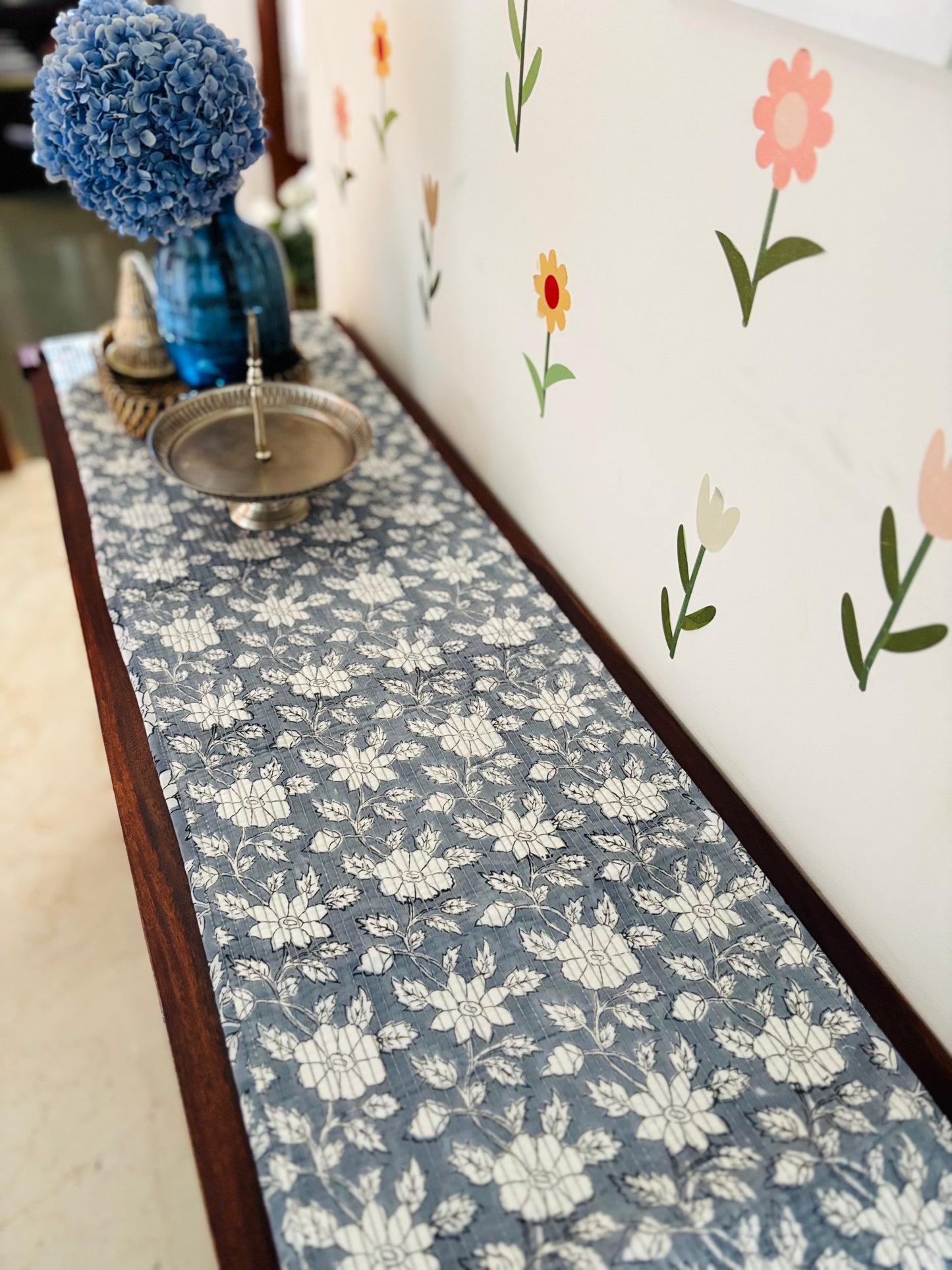 Blue palm cypress leaf Quilted & Reversible Table Runner