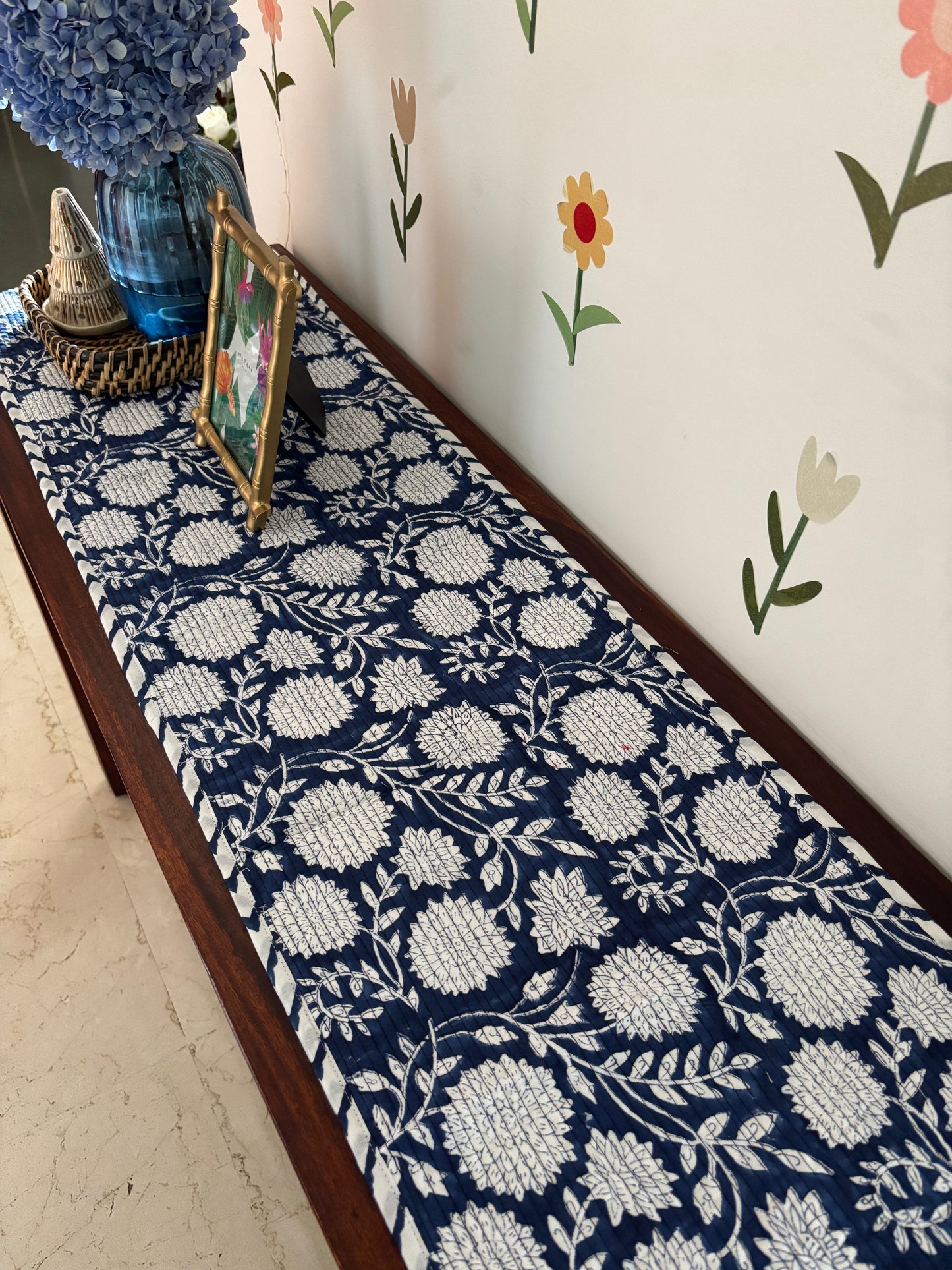 Blue white floral Quilted & Reversible Table Runner
