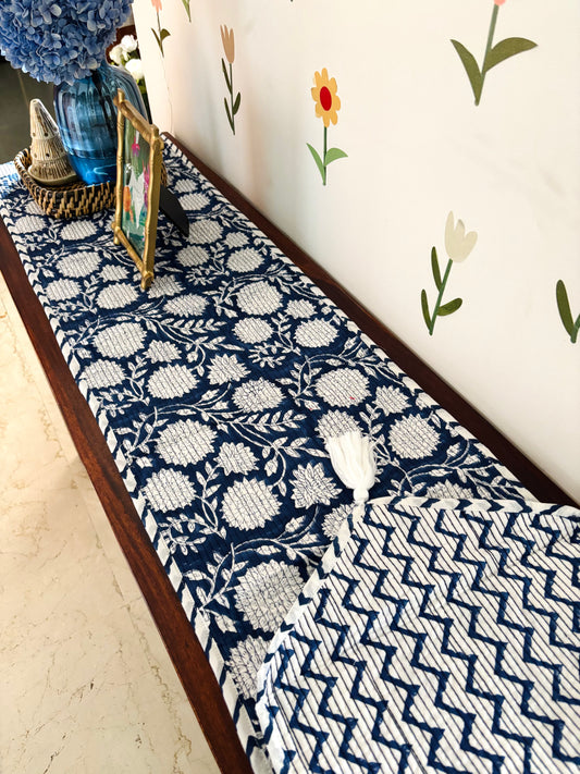 Blue white floral Quilted & Reversible Table Runner
