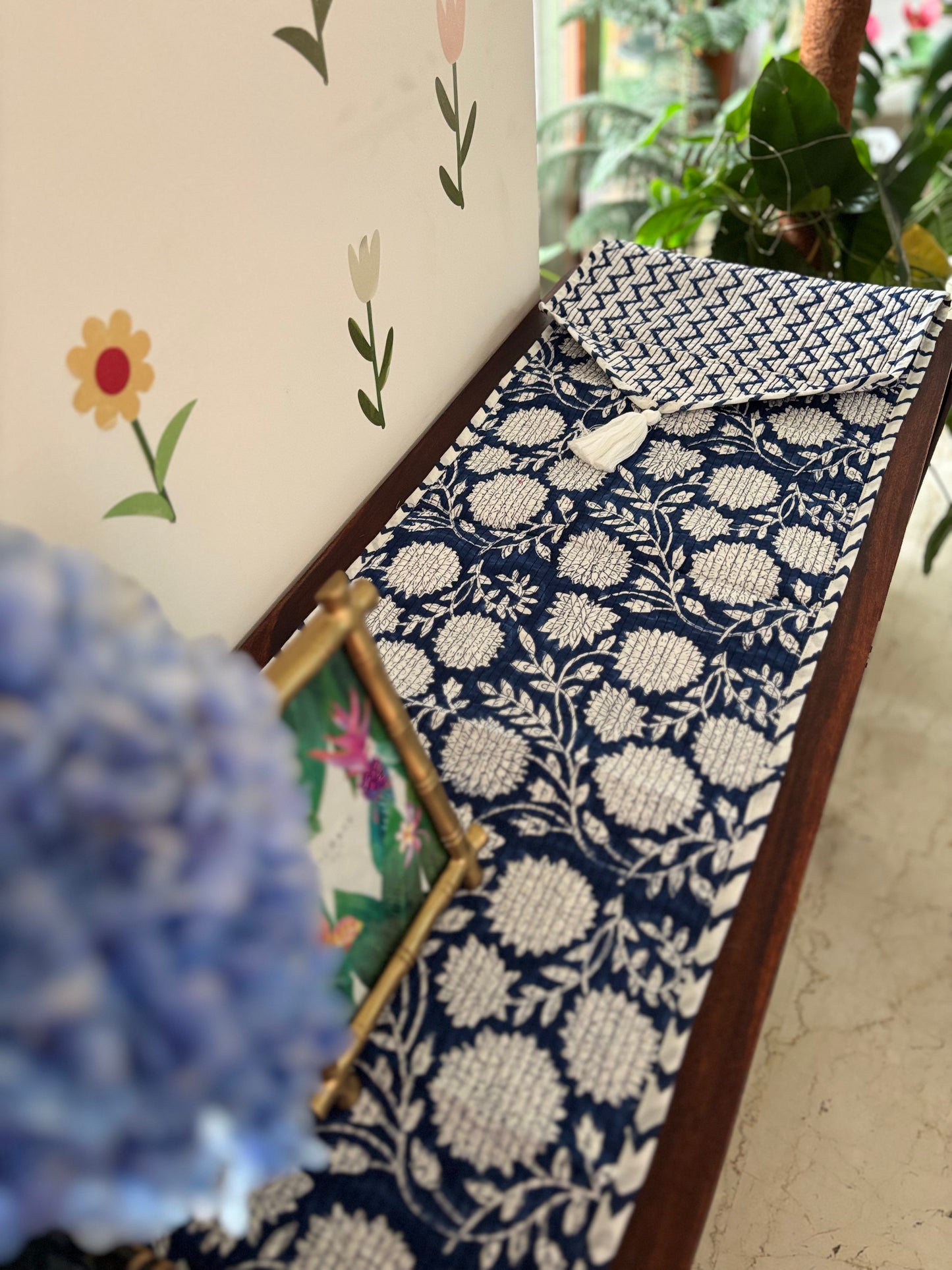 Blue white floral Quilted & Reversible Table Runner