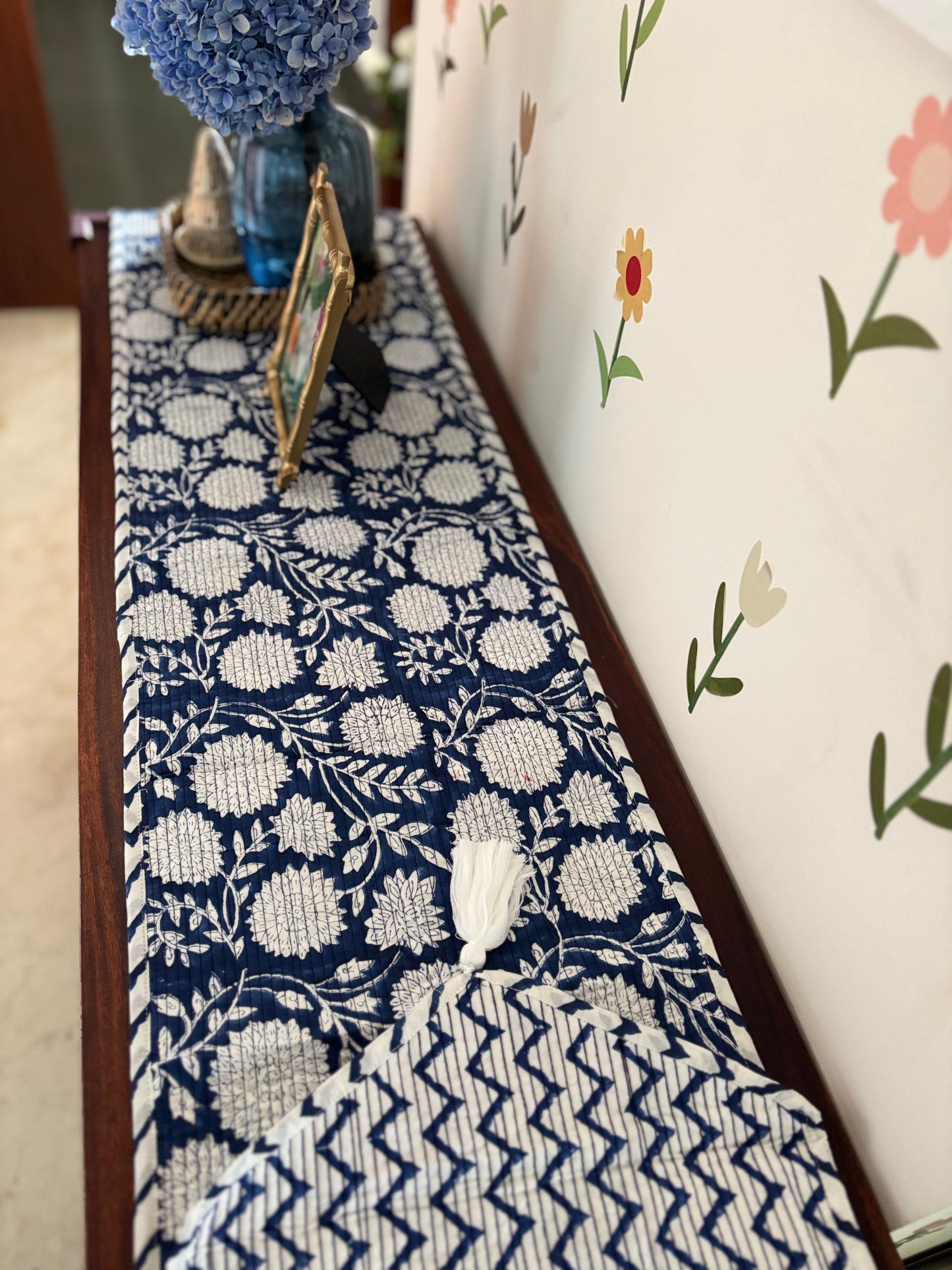 Blue white floral Quilted & Reversible Table Runner