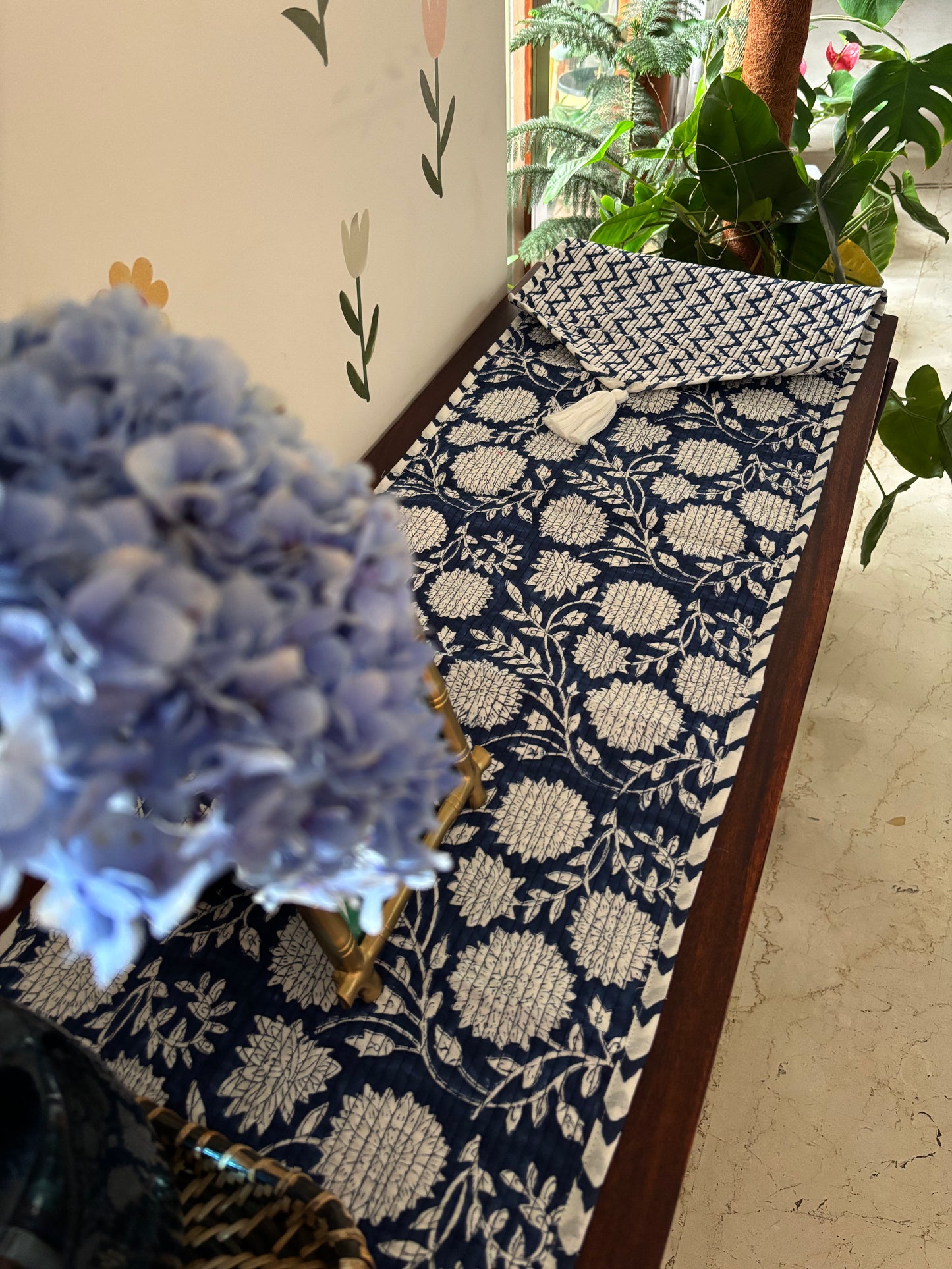 Blue white floral Quilted & Reversible Table Runner