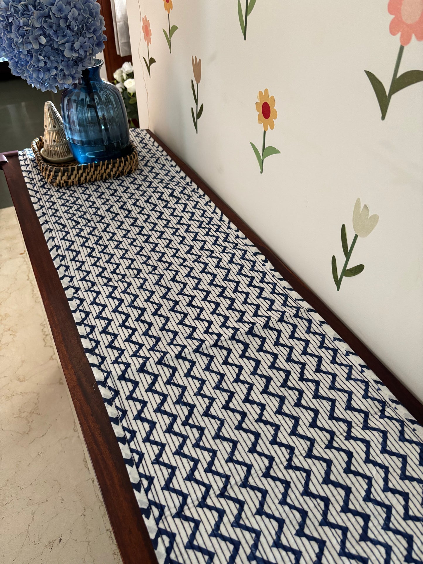 Blue white floral Quilted & Reversible Table Runner