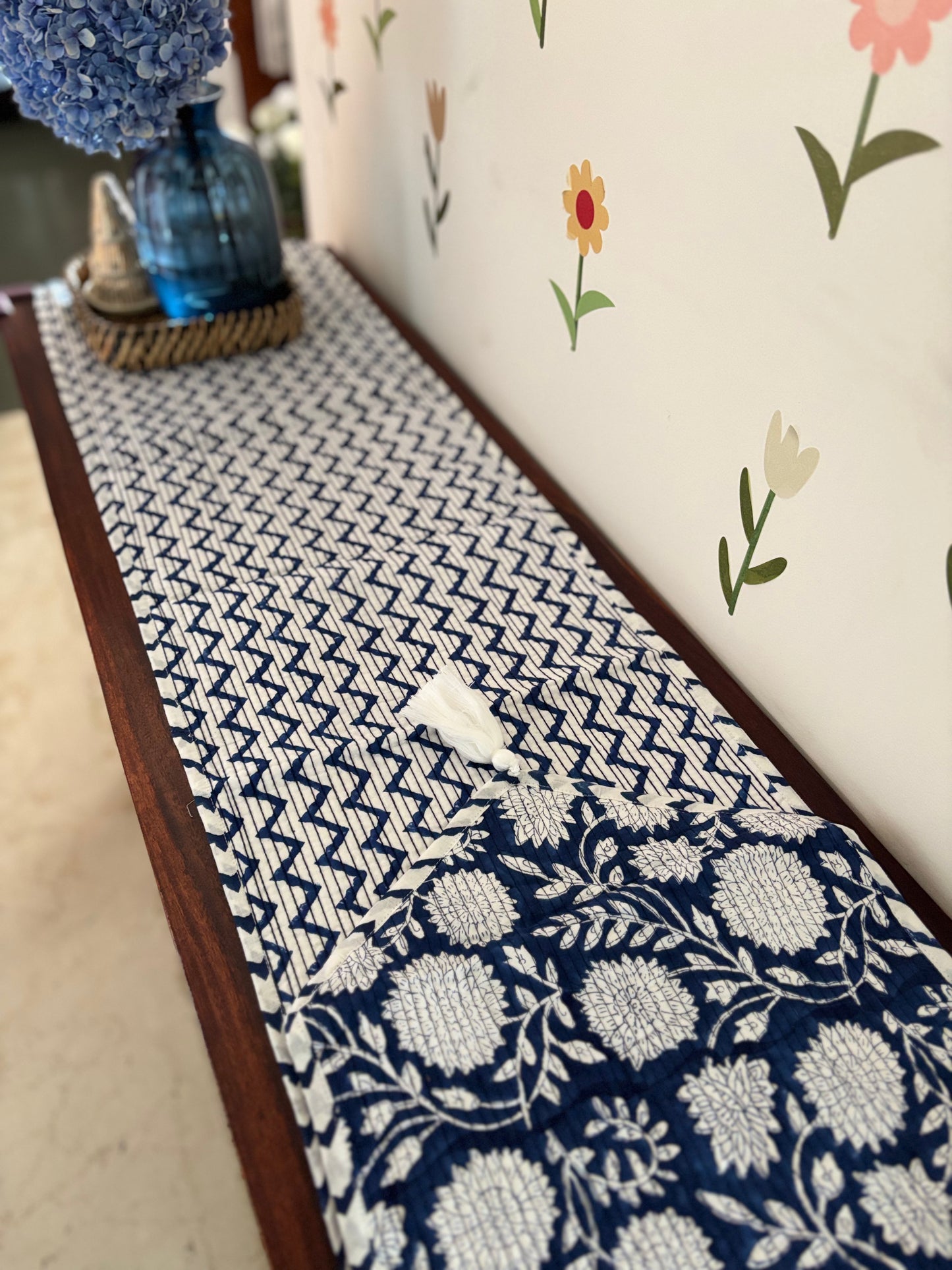 Blue white floral Quilted & Reversible Table Runner