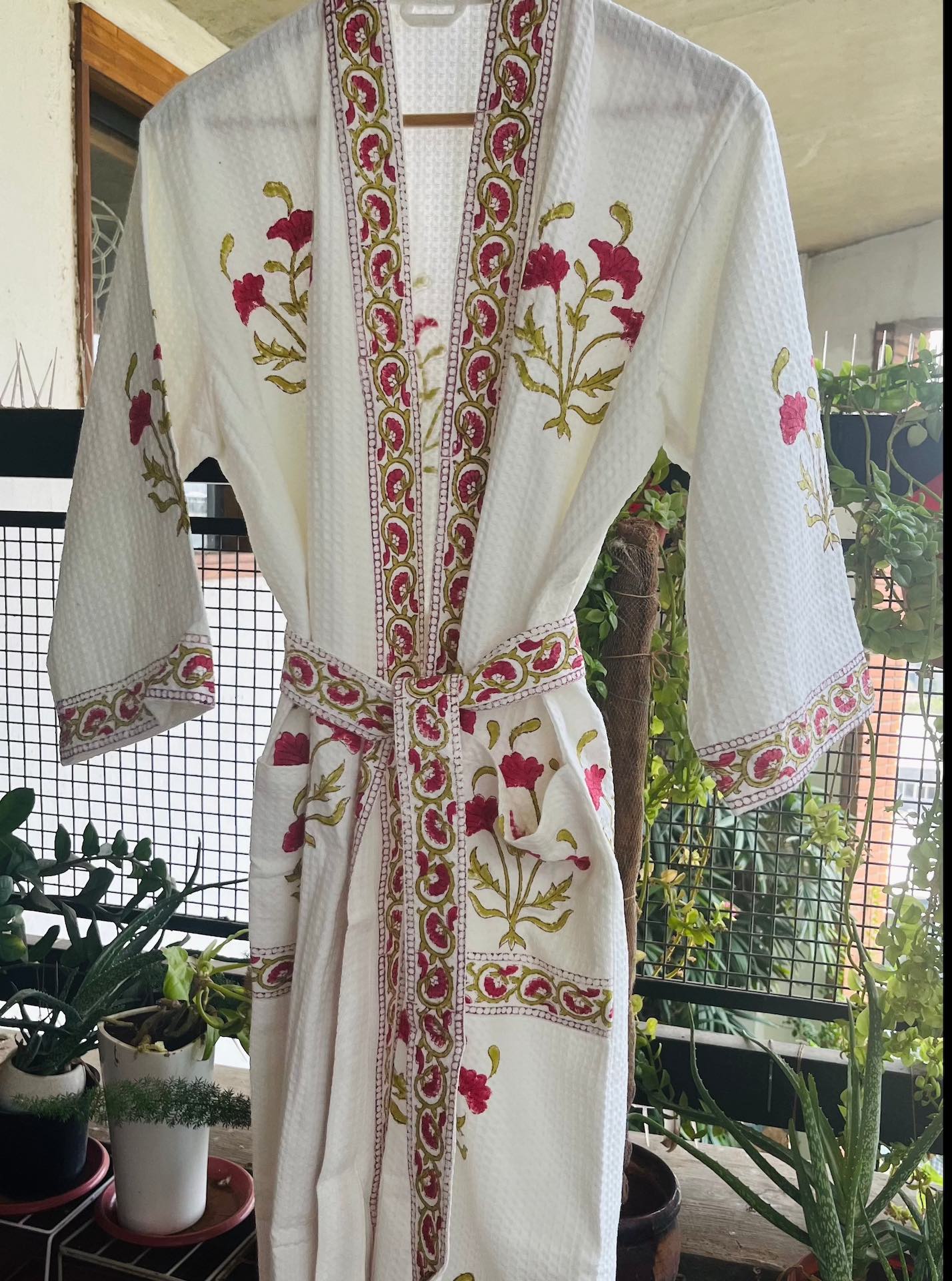 Crimson Red Lily Hand Block Printed Waffle Cotton Bathrobe