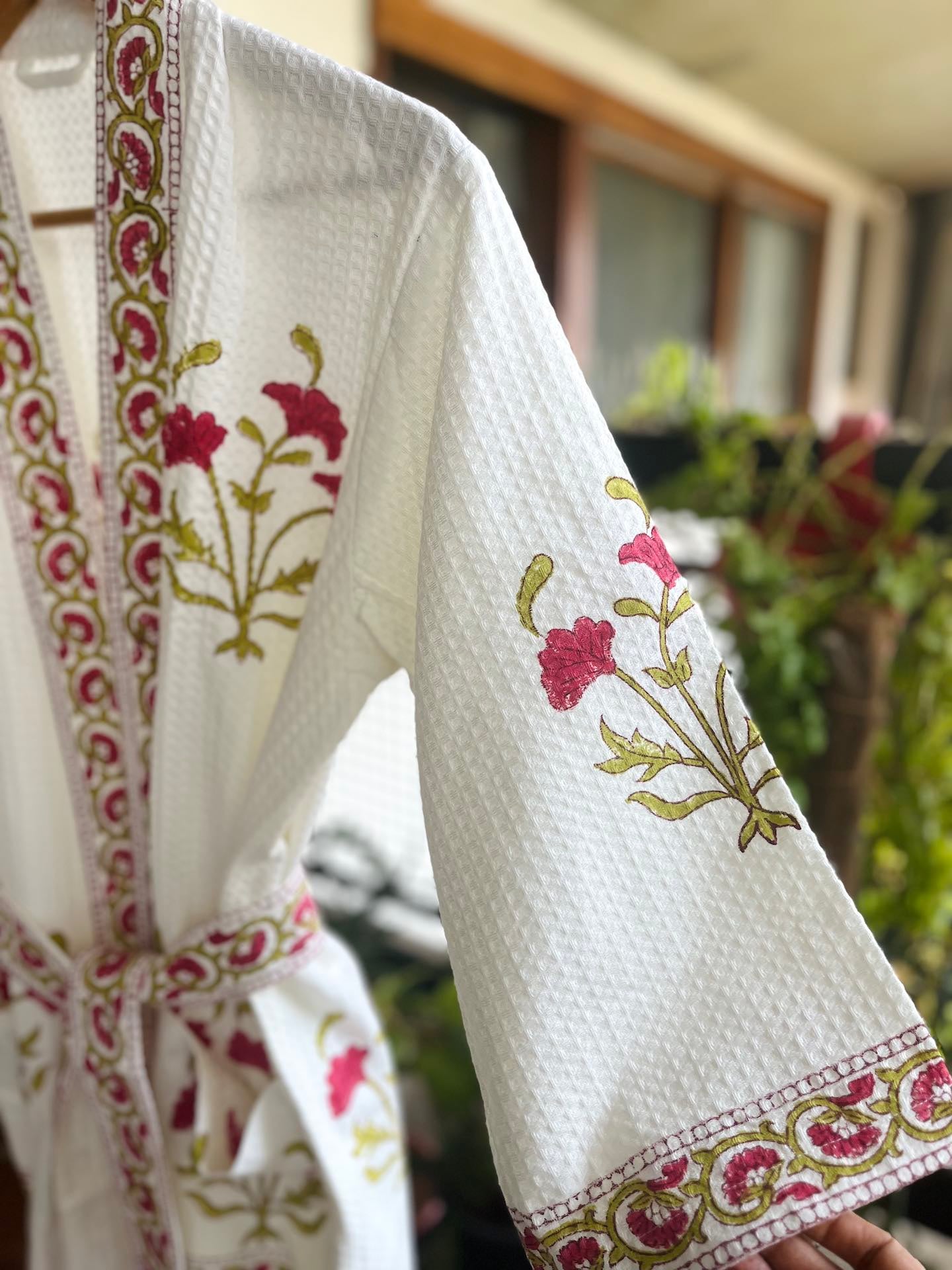 Crimson Red Lily Hand Block Printed Waffle Cotton Bathrobe