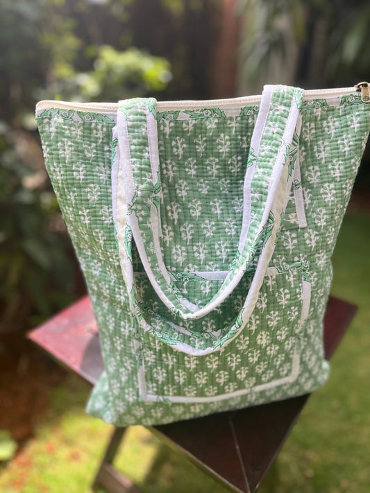 Green Cotton Handblock Printed Tote Bag