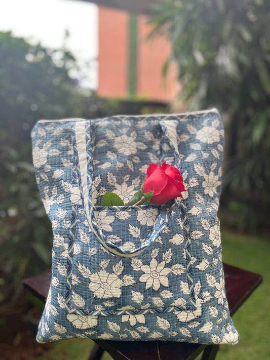 Blue Grey Floral Tote Bag