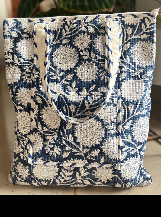 Blue white Floral Tote Bag