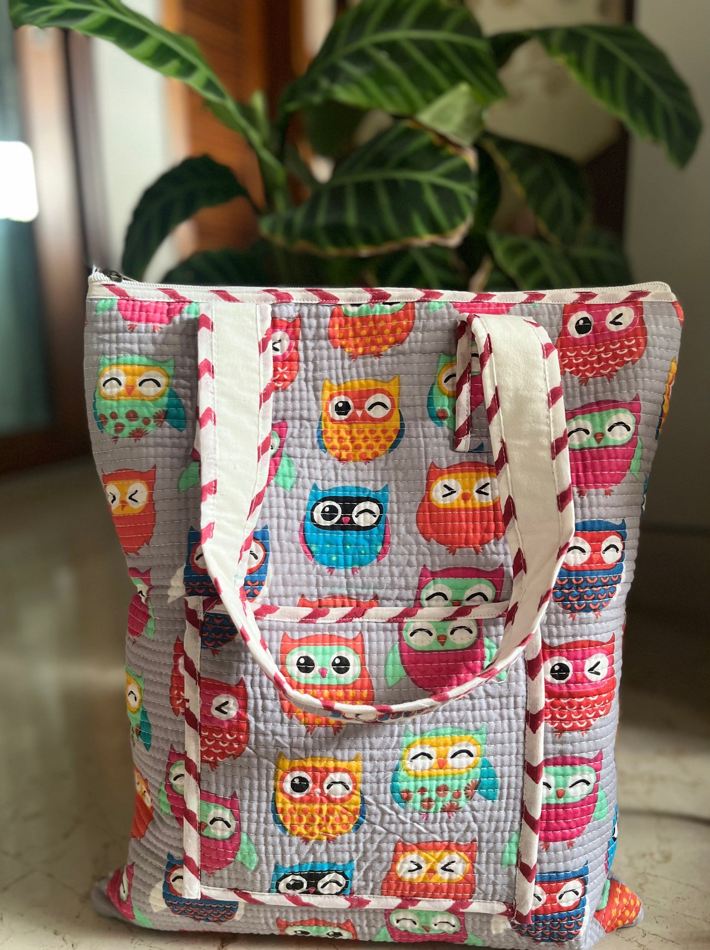 Owl Handblock Printed tote Bag