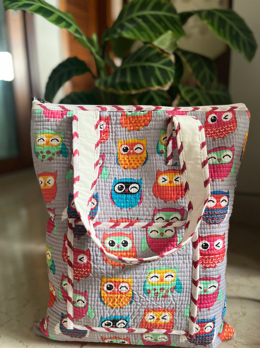 Owl Handblock Printed tote Bag