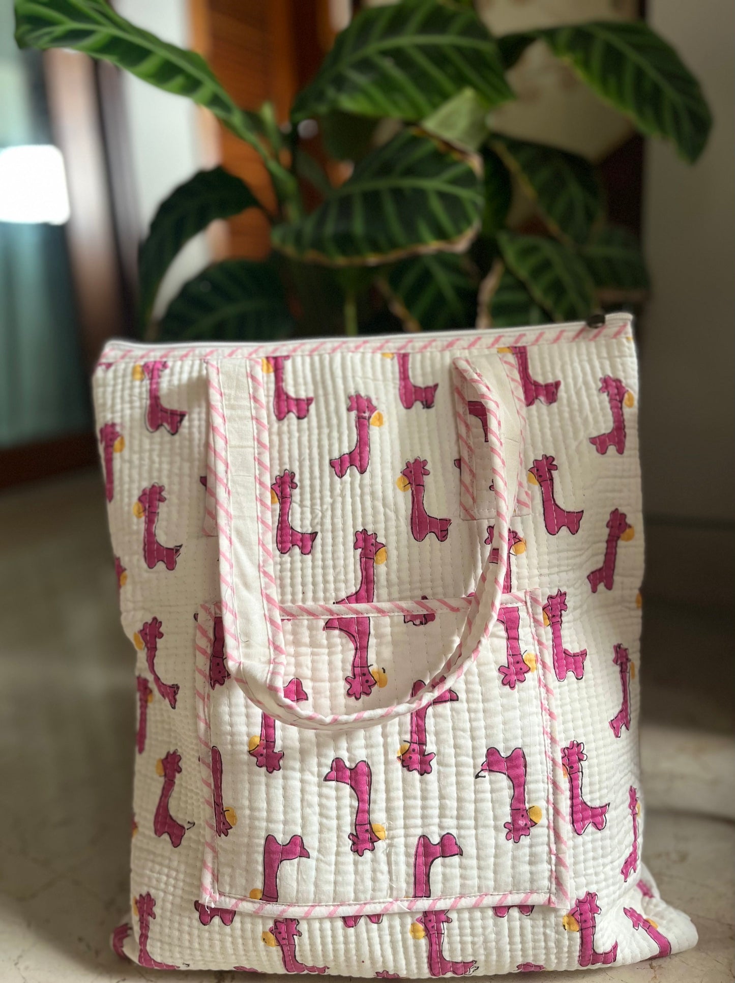 Pink Giraffe Handblock Printed Tote Bag