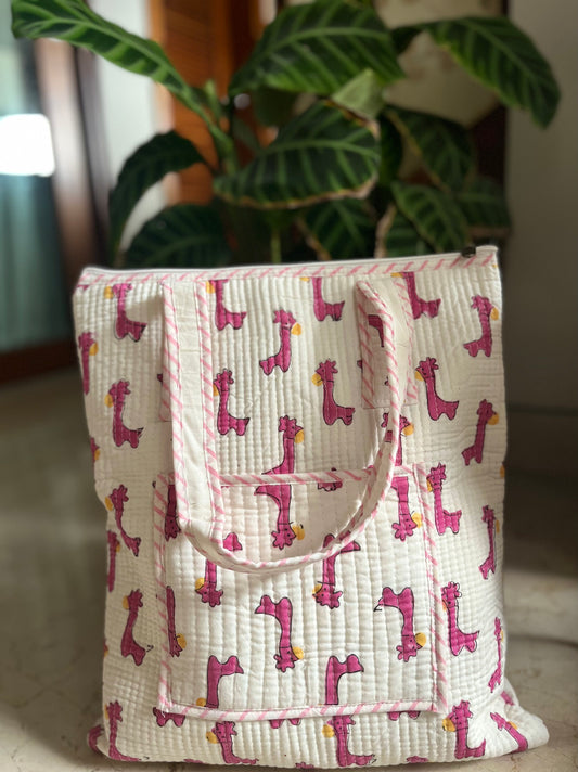 Pink Giraffe Handblock Printed Tote Bag