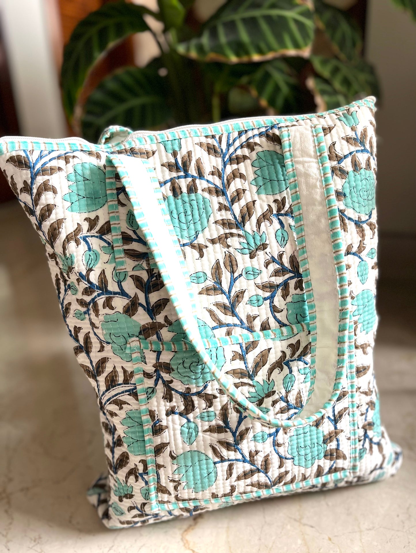 Green Floral Handblock Printed Tote Bag