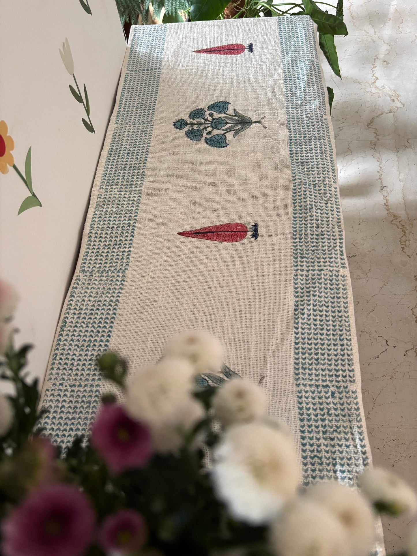 Blue green Linen Table Runner