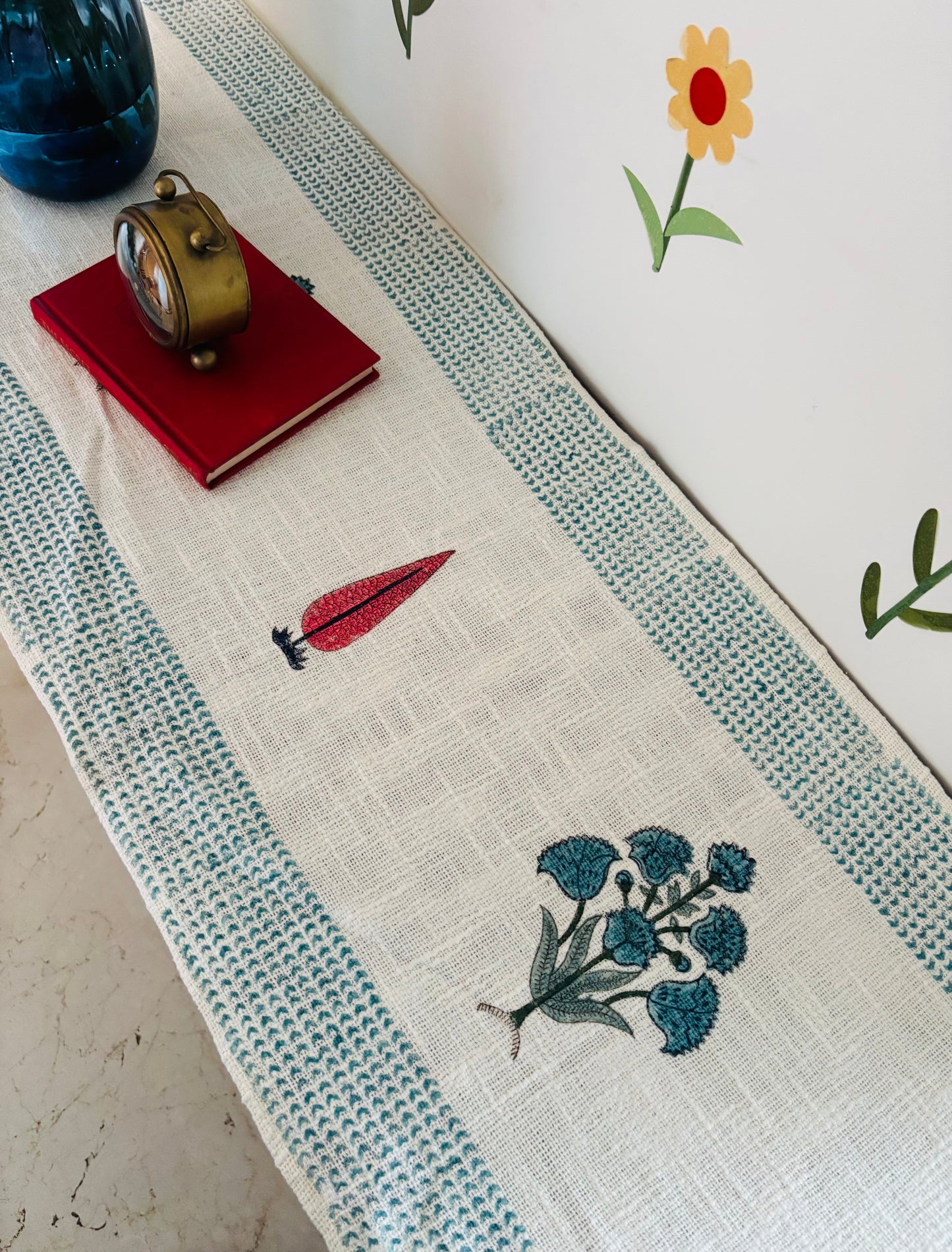 Blue green Linen Table Runner