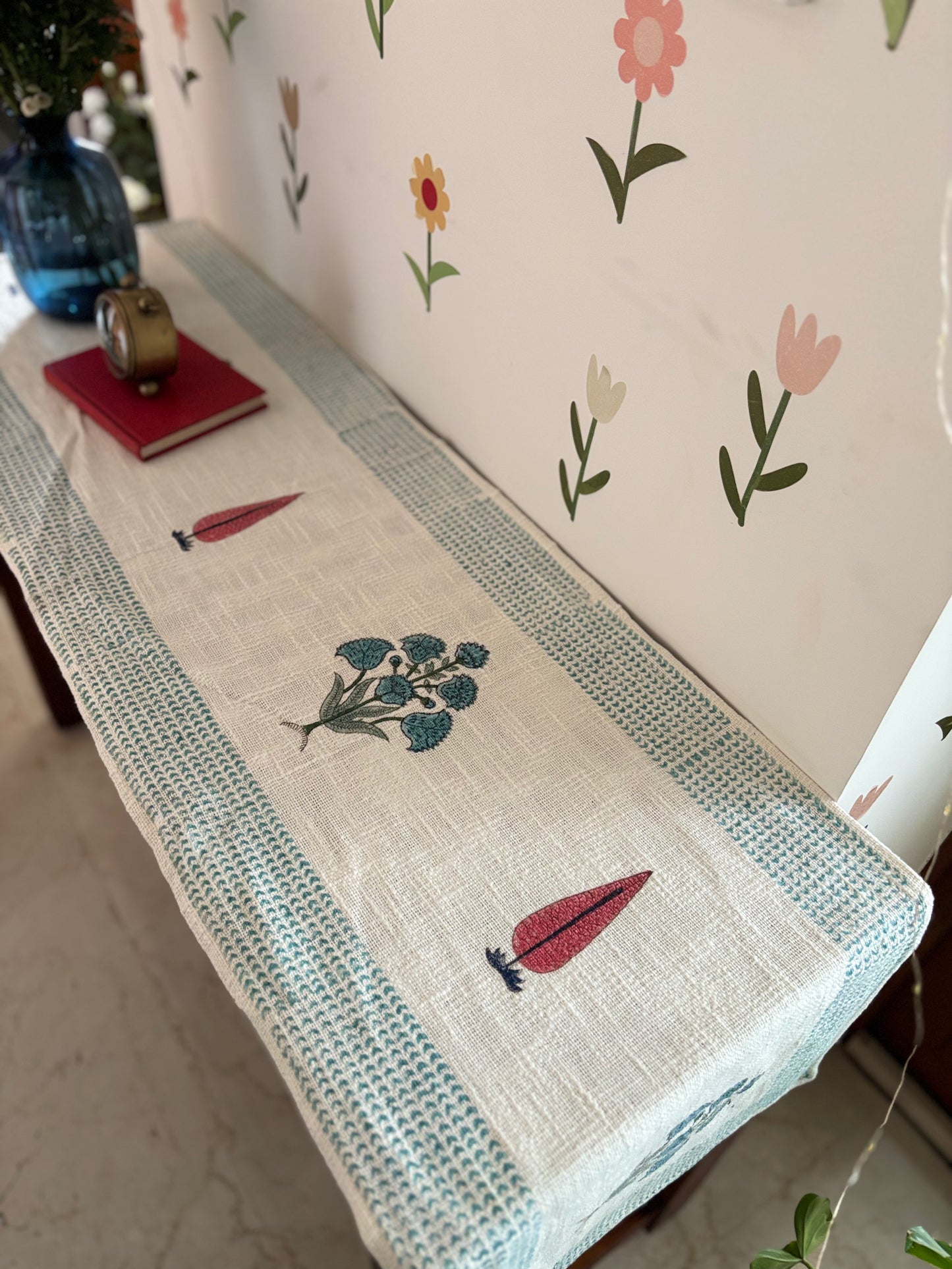 Blue green Linen Table Runner
