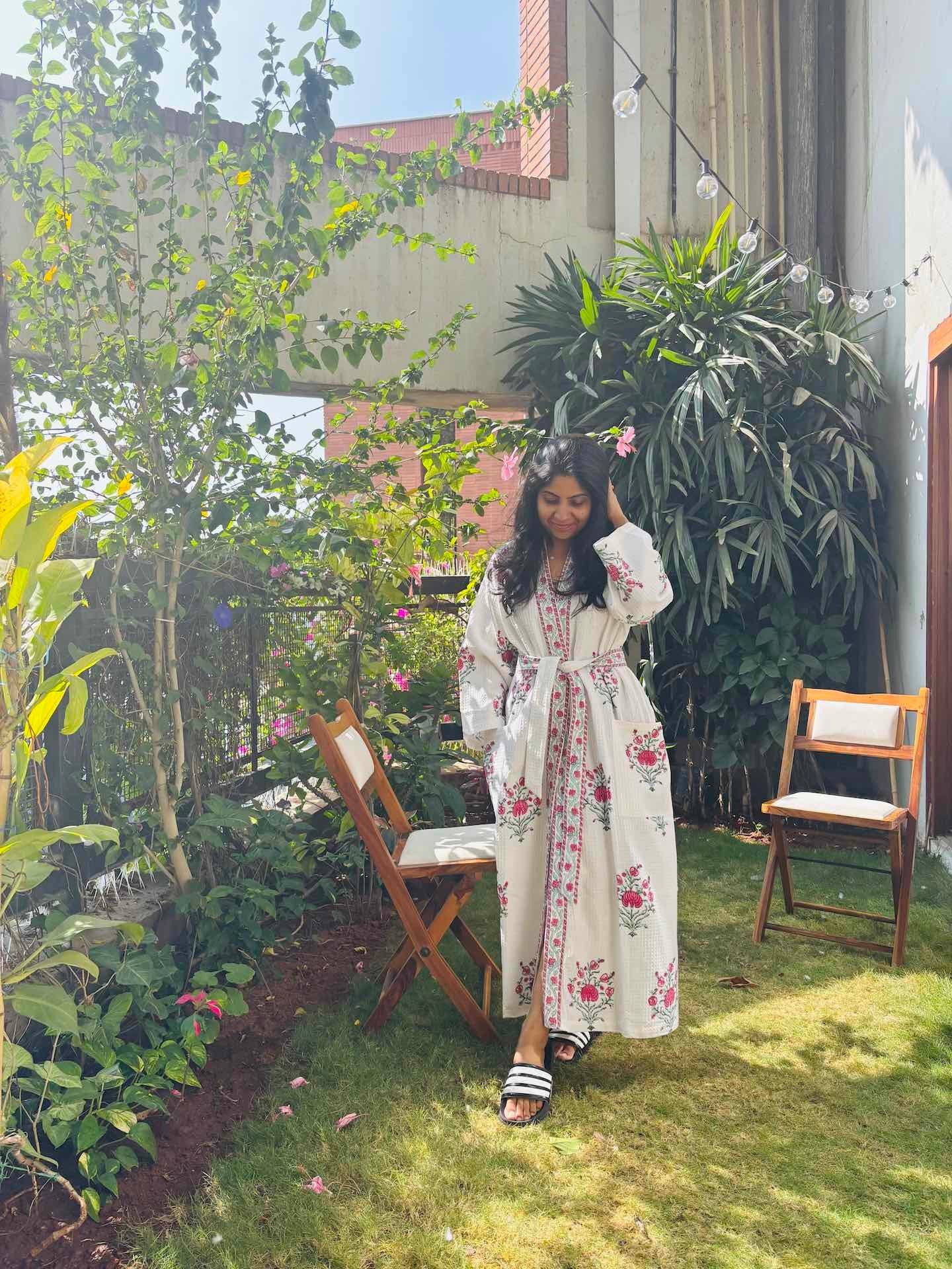 Harmony Blossom Hand Block Printed Waffle Cotton Bathrobe