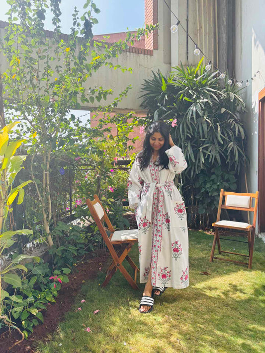 Harmony Blossom Hand Block Printed Waffle Cotton Bathrobe