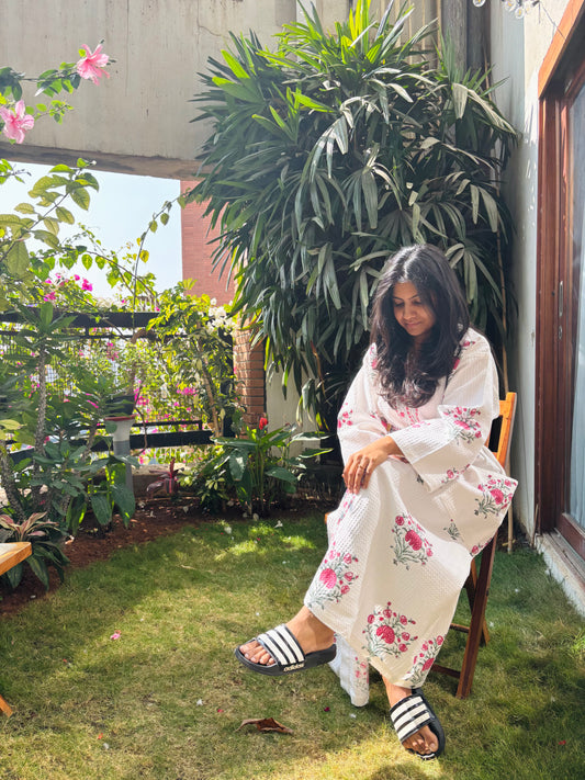 Harmony Blossom Red Waffle Cotton Bathrobe