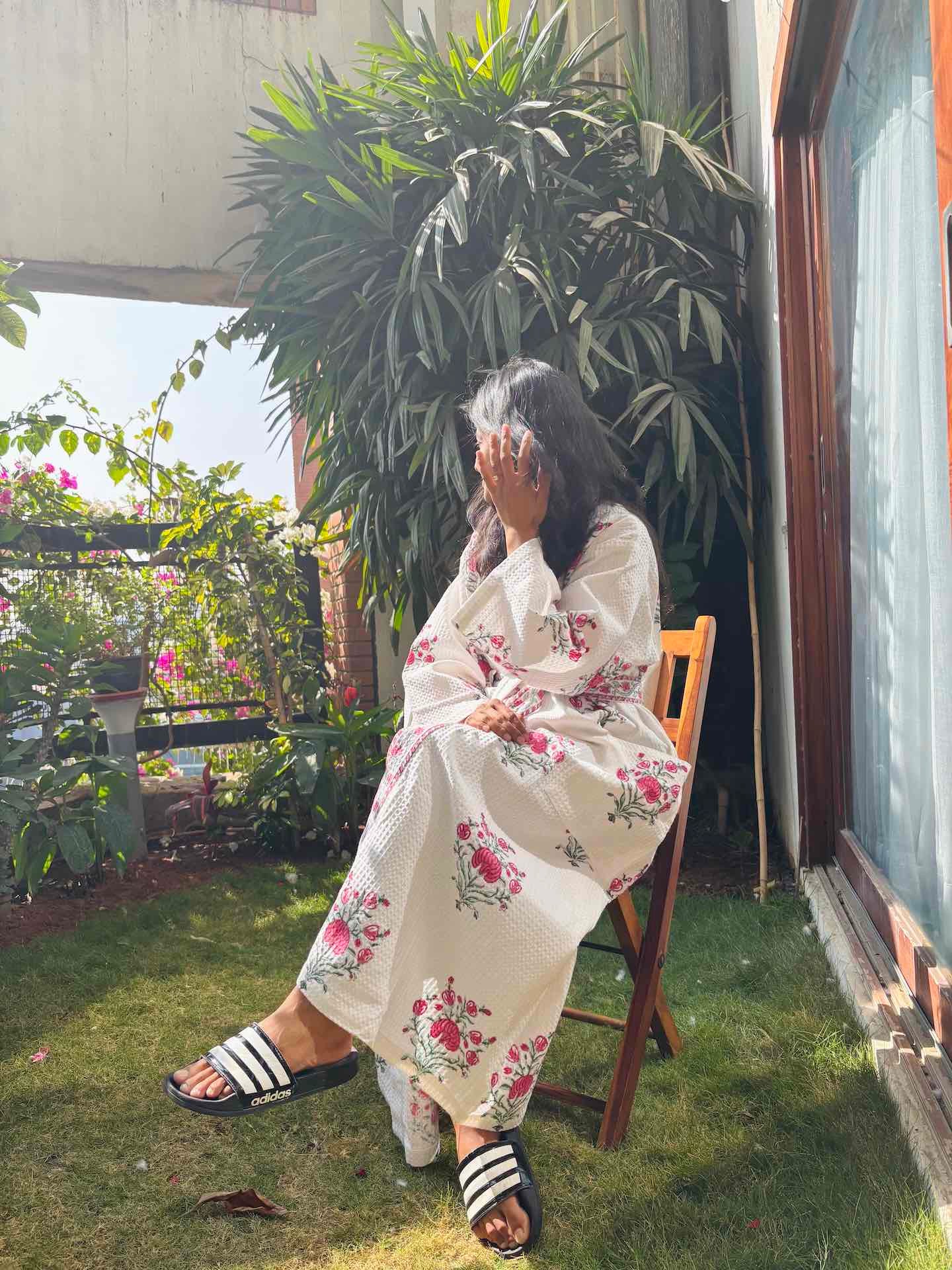 Harmony Blossom Hand Block Printed Waffle Cotton Bathrobe