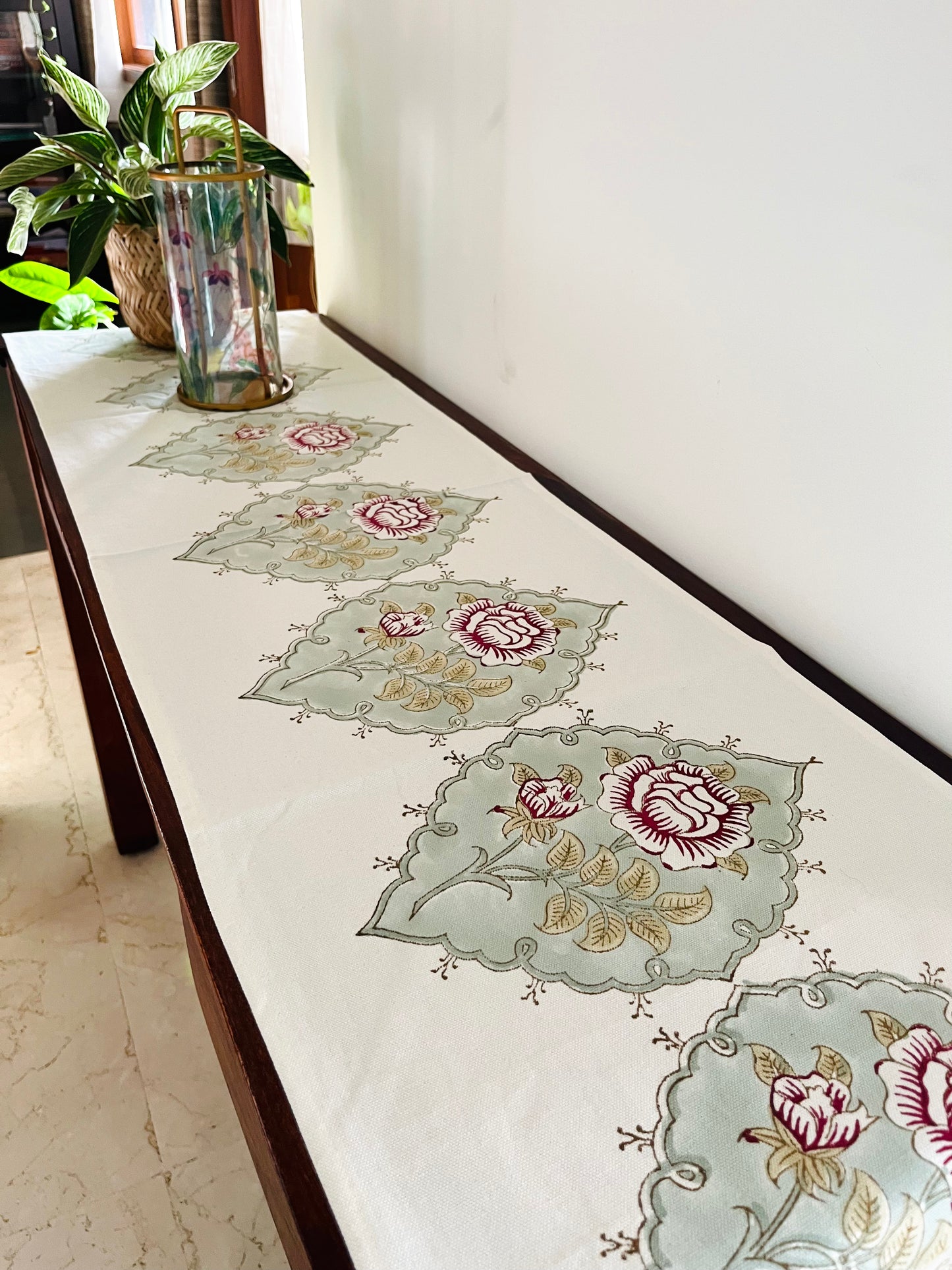 Blockprint Rose Table Runner