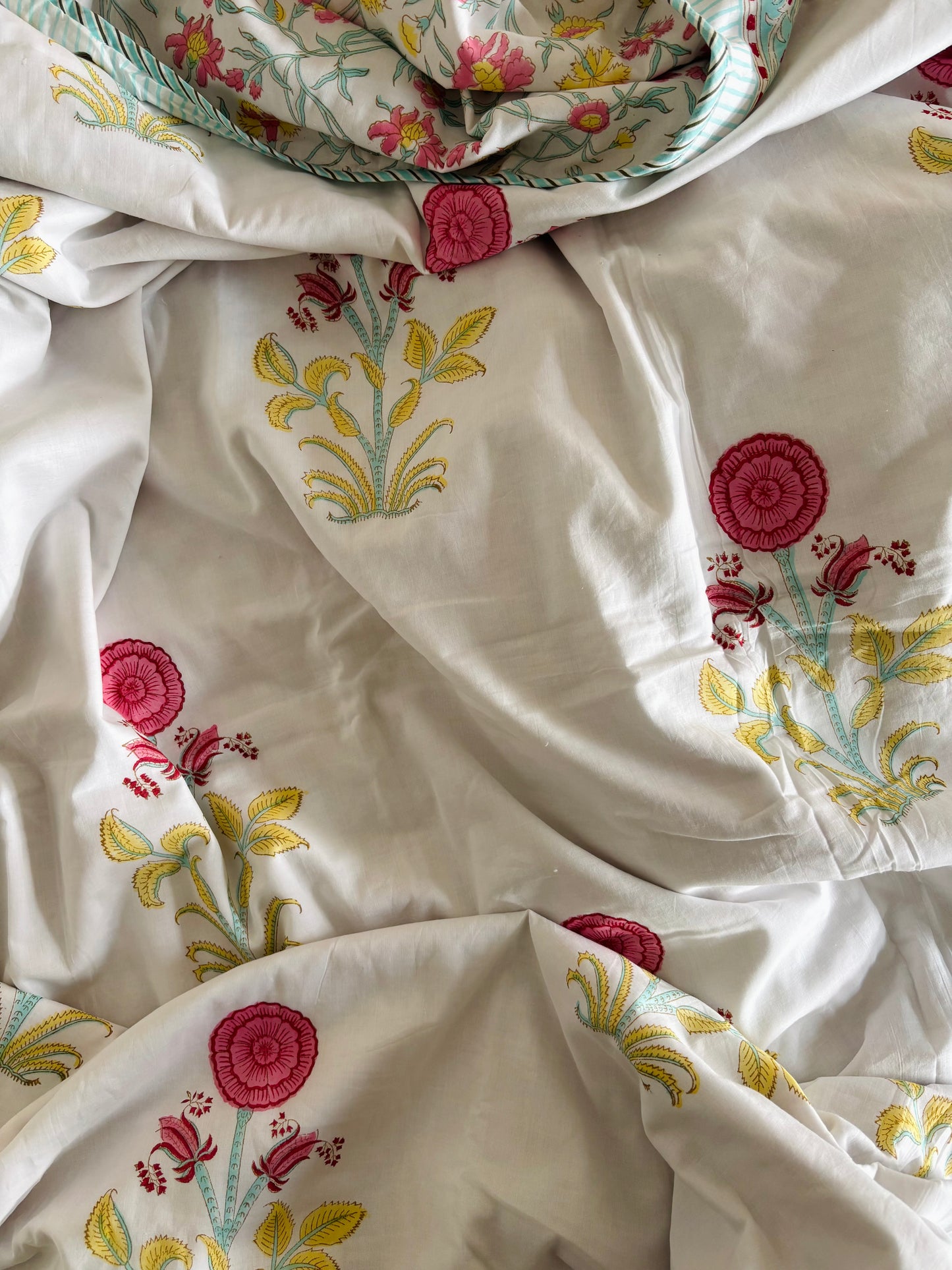 Red & Yellow Poppy Reversible Hand Block Printed Cotton Dohar — King Size